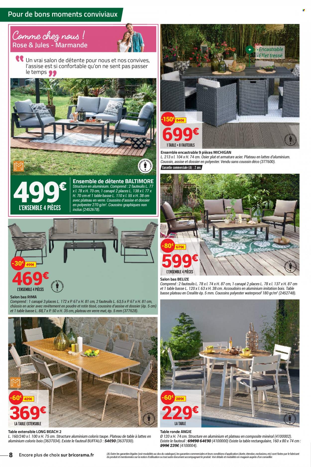 thumbnail - Catalogue Bricorama - 11/05/2022 - 29/05/2022 - Produits soldés - table extensible, table ronde, canapé 2 places, canapé 3 places, fauteuil. Page 8.
