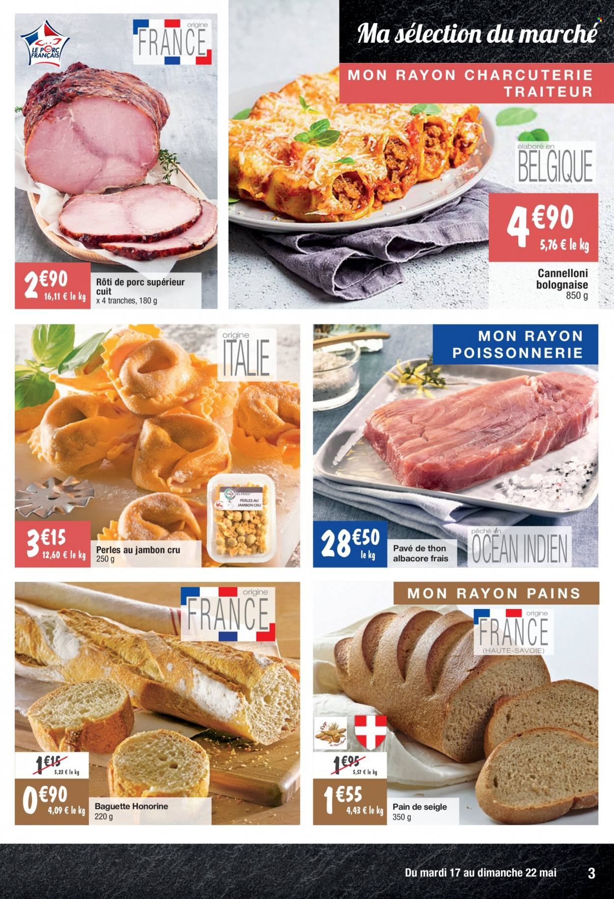thumbnail - Catalogue Migros France - 17/05/2022 - 22/05/2022 - Produits soldés - rôti de porc, viande de porc, baguette, pain, pavé de thon. Page 3.