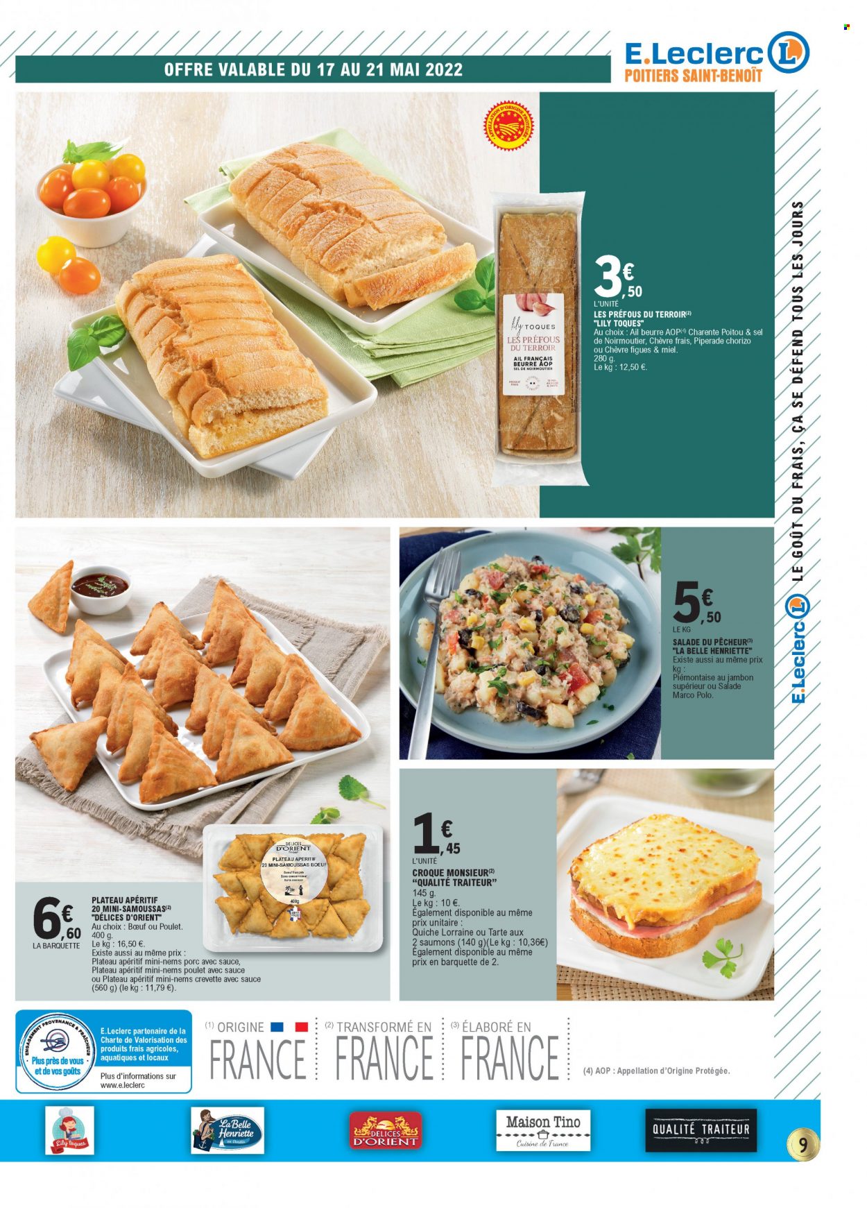 thumbnail - Catalogue E.Leclerc - 17/05/2022 - 28/05/2022 - Produits soldés - figue, salade, ail, tarte, quiche, Maison Tino, nems, chorizo, beurre, miel, apéritif, t-shirt. Page 9.