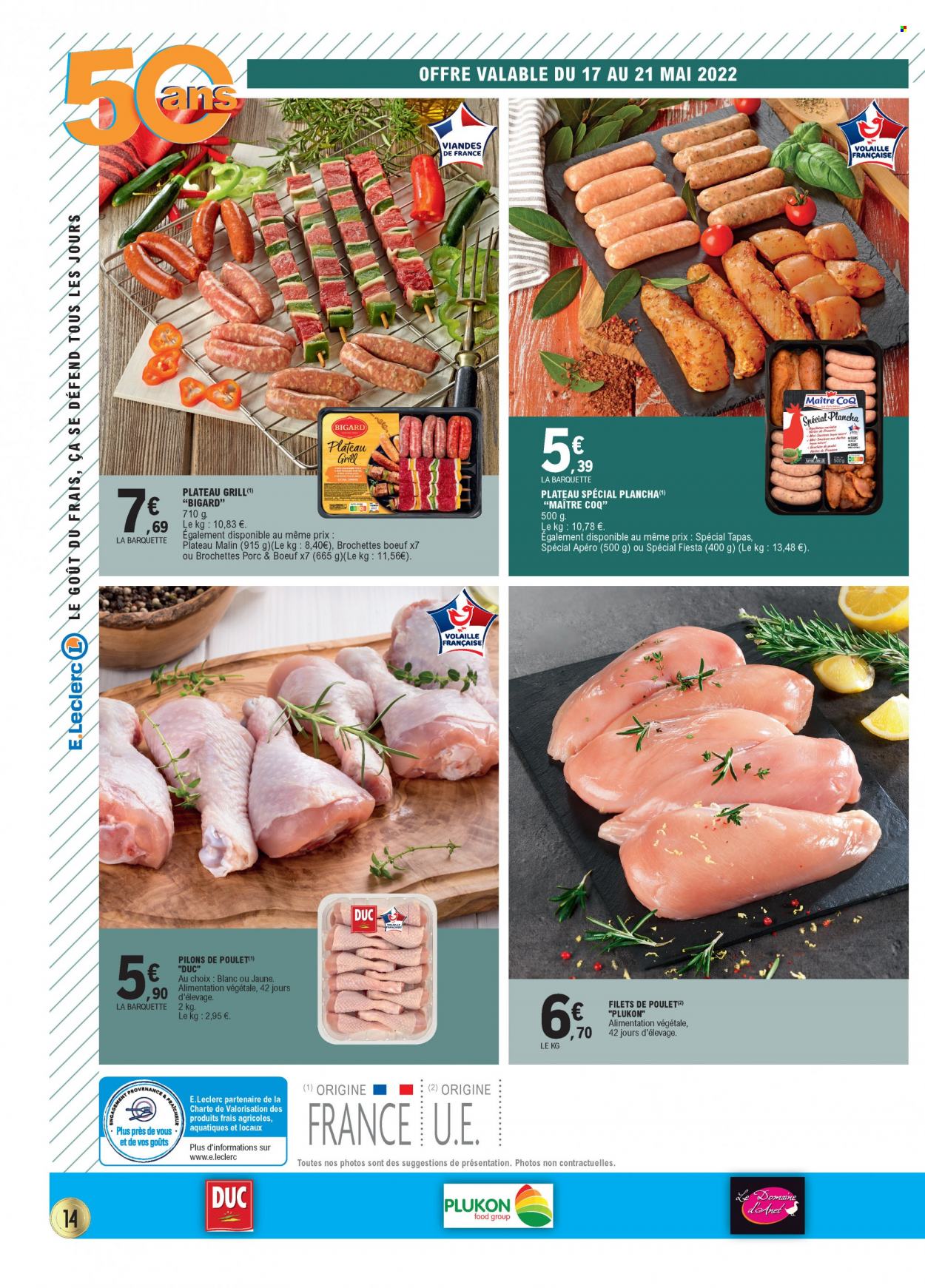 thumbnail - Catalogue E.Leclerc - 17/05/2022 - 28/05/2022 - Produits soldés - Maître CoQ, filet de poulet, viande de poulet, pilons de poulet, tapas, grill, plancha. Page 14.