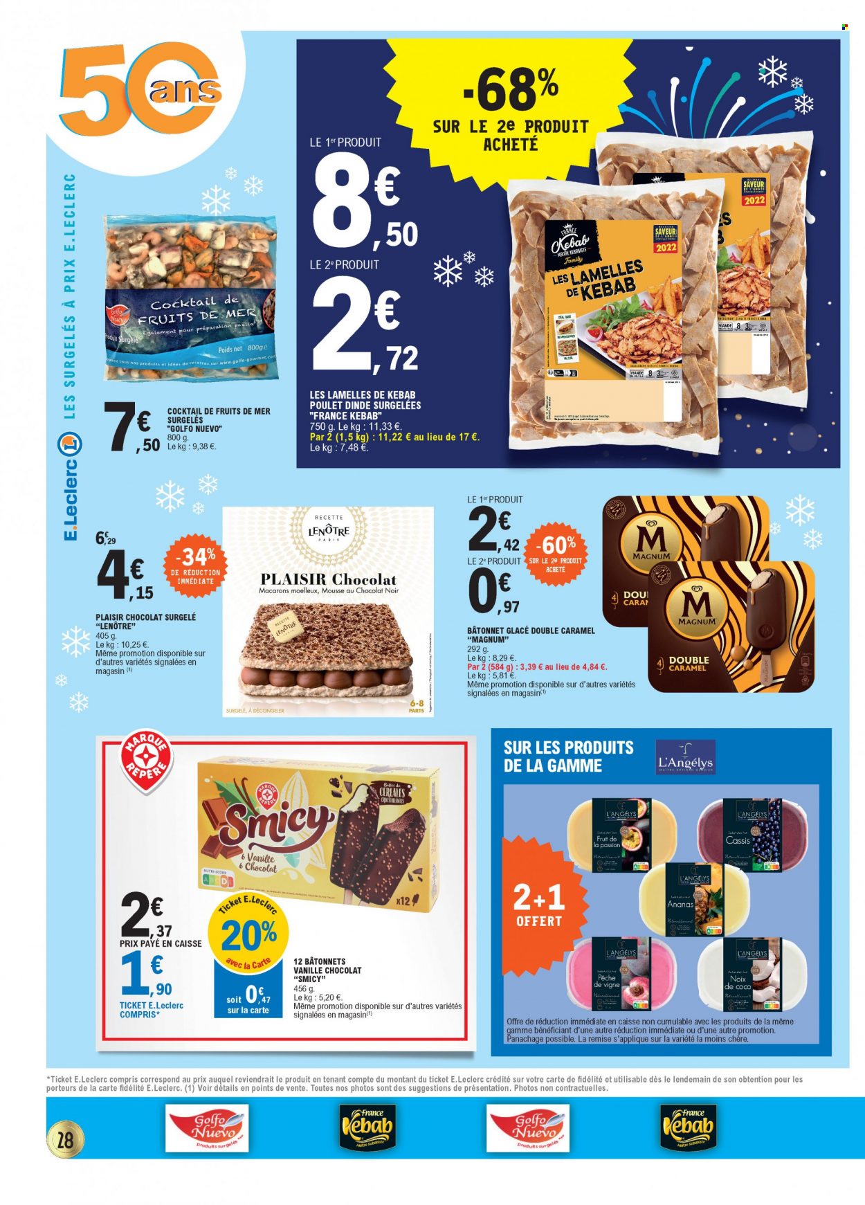 thumbnail - Catalogue E.Leclerc - 17/05/2022 - 28/05/2022 - Produits soldés - macarons, poulet, paella, mousse au chocolat, glace, Magnum. Page 28.