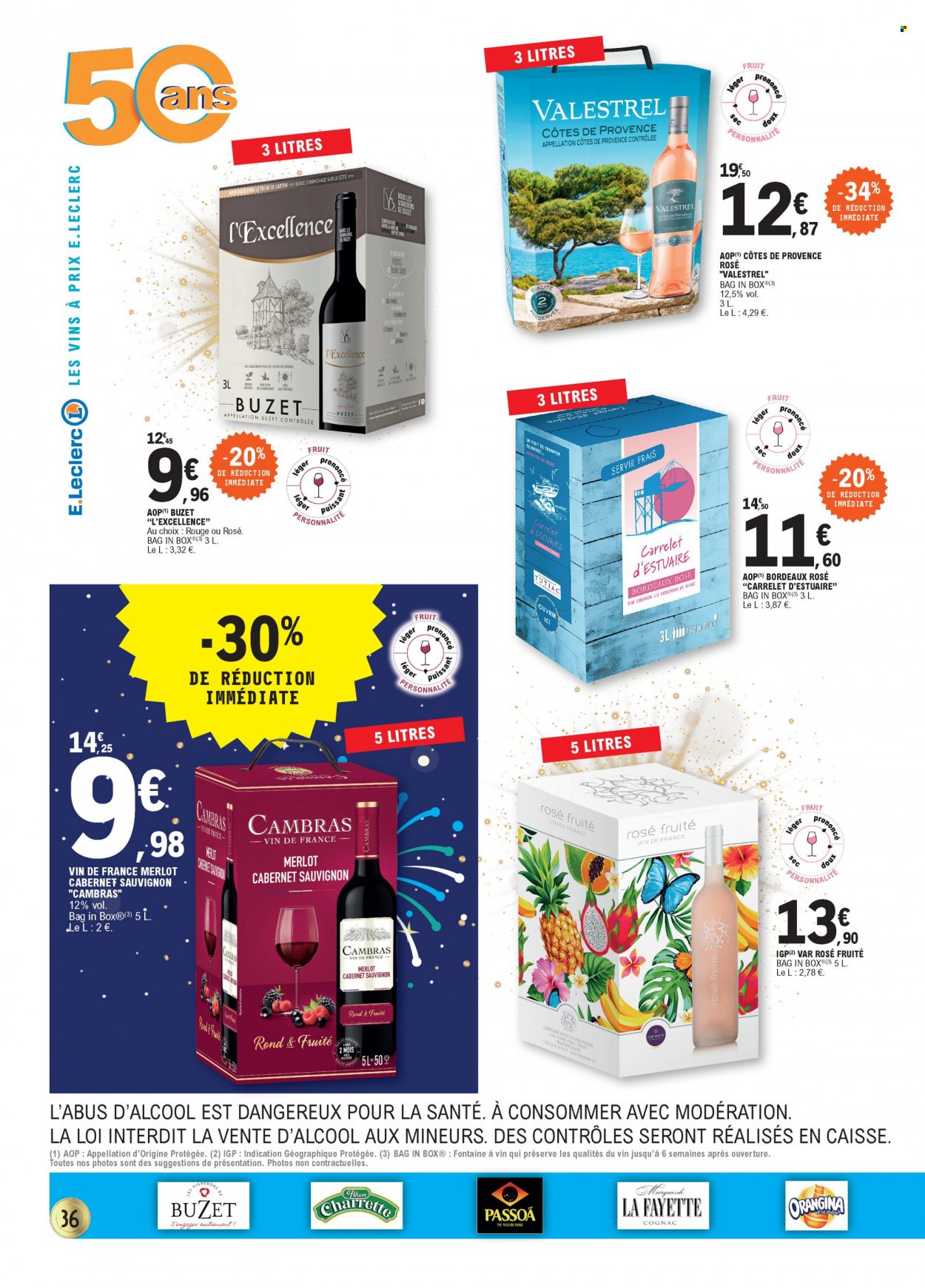 thumbnail - Catalogue E.Leclerc - 17/05/2022 - 28/05/2022 - Produits soldés - Orangina, Bordeaux, Carrelet d'Estuaire, vin blanc, Cabernet Sauvignon, cognac. Page 36.