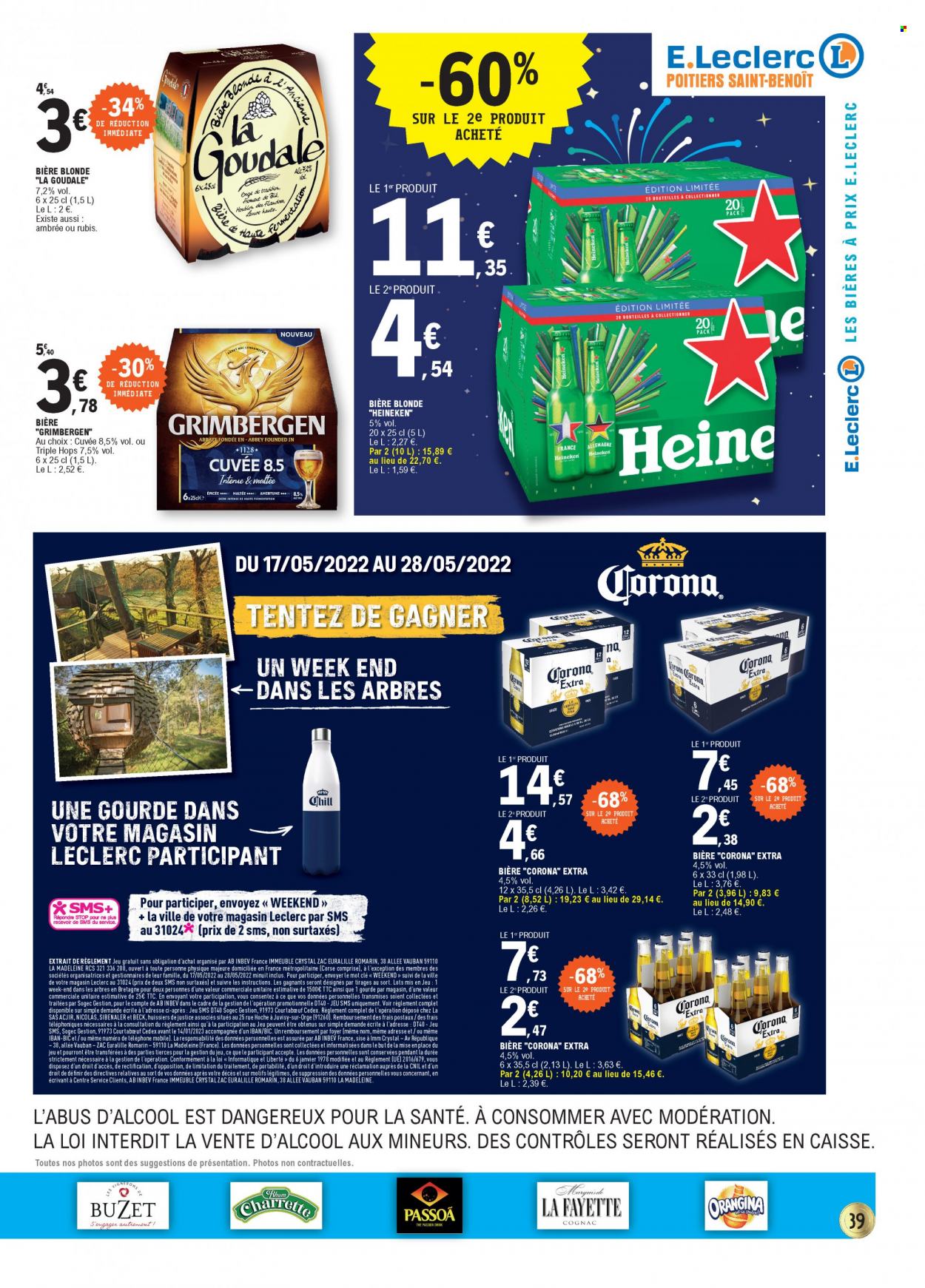thumbnail - Catalogue E.Leclerc - 17/05/2022 - 28/05/2022 - Produits soldés - bière, bière blonde, Grimbergen, Corona Extra, Heineken, Goudale, gourde, romarin, Orangina, rhum, BIC. Page 39.
