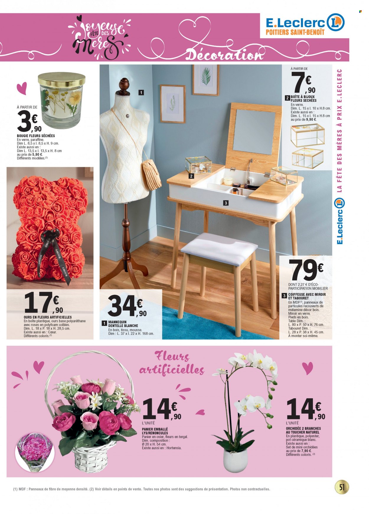 thumbnail - Catalogue E.Leclerc - 17/05/2022 - 28/05/2022 - Produits soldés - table, verre, bougie, ours, coiffeuse, plante artificielle, bijouterie, orchidée, hortensia. Page 51.