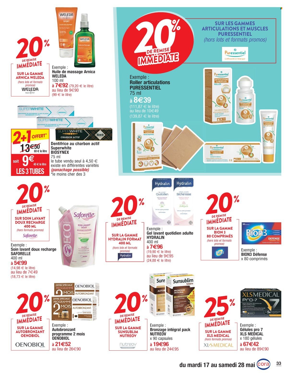 thumbnail - Catalogue Cora - 17/05/2022 - 23/05/2022 - Produits soldés - huile, Weleda, Puressentiel, Saforelle, gel lavant, dentifrice. Page 33.