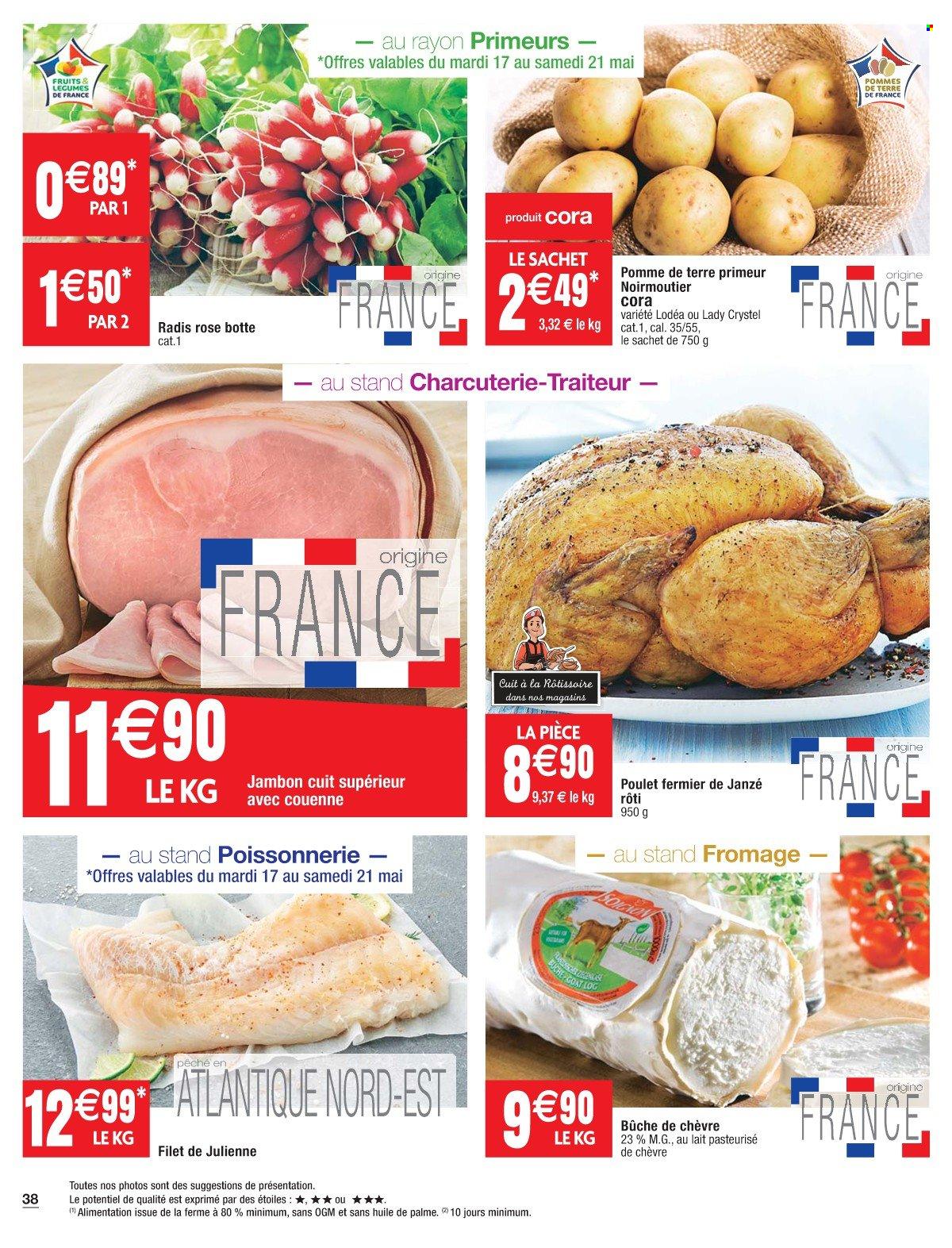 thumbnail - Catalogue Cora - 17/05/2022 - 23/05/2022 - Produits soldés - pommes de terre, poulet, viande de poulet, jambon, bûche de chèvre. Page 38.
