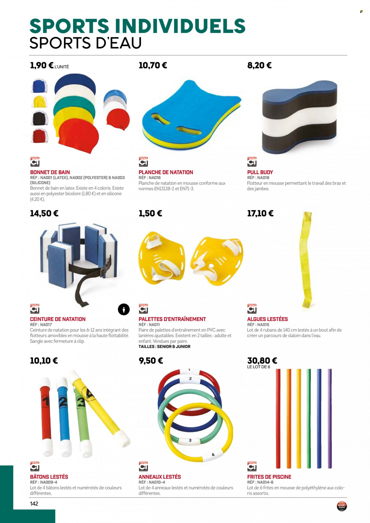 thumbnail - Catalogue Sport 2000 - Produits soldés - bonnet, ceinture, anneaux lestés, hand paddle. Page 142.