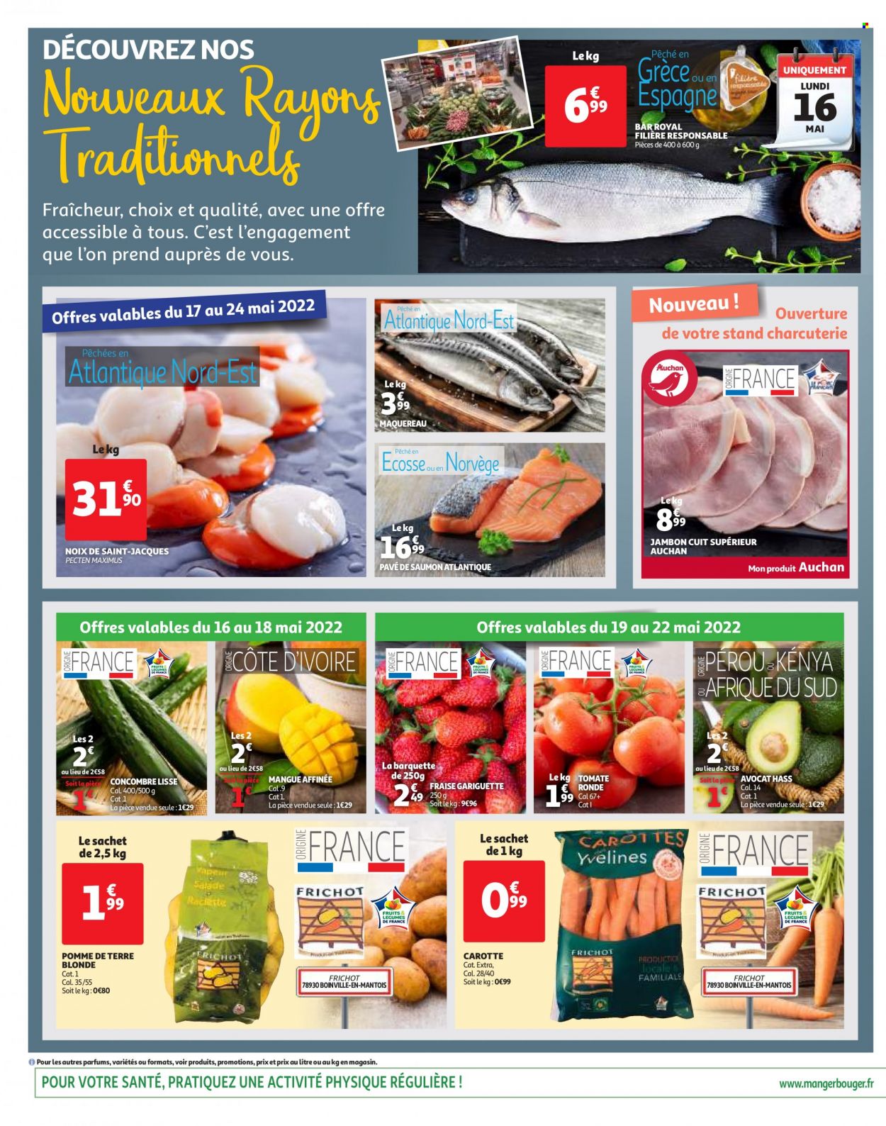 thumbnail - Catalogue Auchan - 16/05/2022 - 24/05/2022 - Produits soldés - avocat, mangue, salade, carotte, concombre, pommes de terre, saumon, maquereau. Page 2.