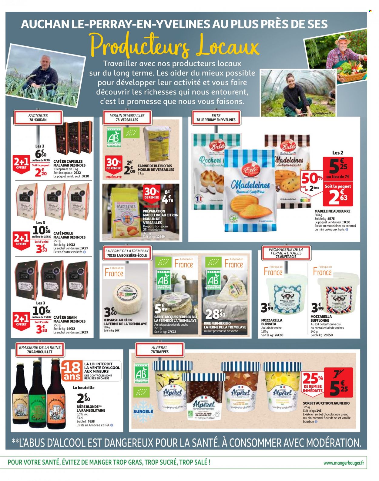 thumbnail - Catalogue Auchan - 16/05/2022 - 24/05/2022 - Produits soldés - bière, madeleines, Brie, fromage, mozzarella, burrata, kéfir, sorbet, chocolat, chocolat noir, farine, café, café moulu. Page 3.