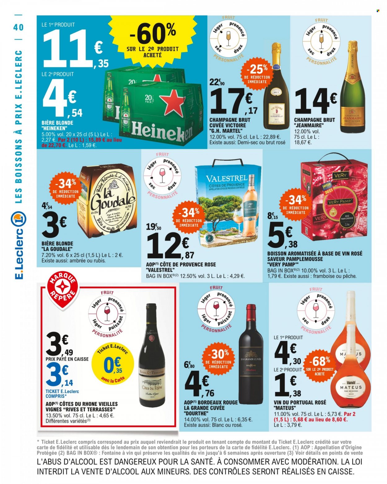 thumbnail - Catalogue E.Leclerc - 17/05/2022 - 28/05/2022 - Produits soldés - bière, bière blonde, Heineken, Goudale, Bordeaux, Côtes du Rhône, champagne. Page 40.