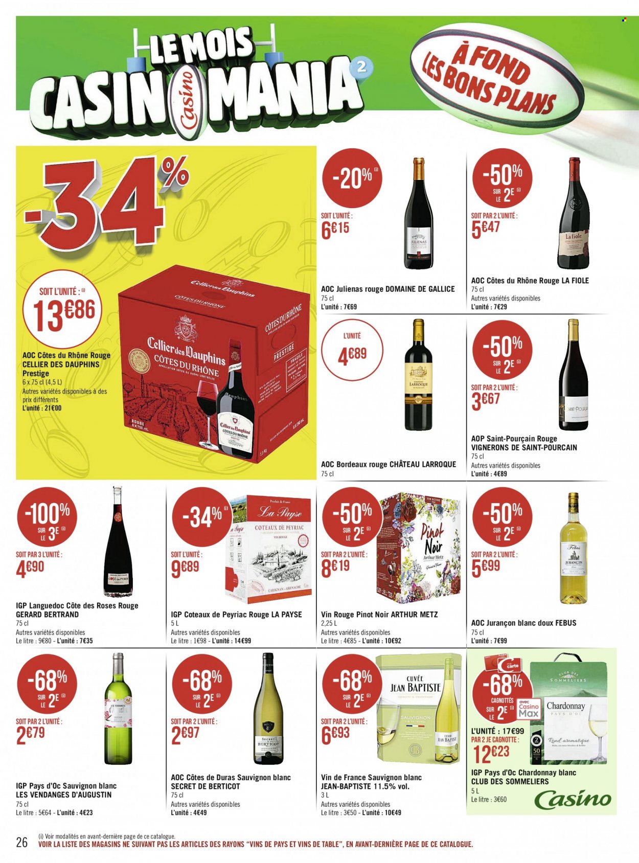 thumbnail - Catalogue Géant Casino - 16/05/2022 - 29/05/2022 - Produits soldés - alcool, Bordeaux, Côtes du Rhône, vin blanc, vin rouge, Sauvignon Blanc, vin, Cabernet Sauvignon. Page 26.