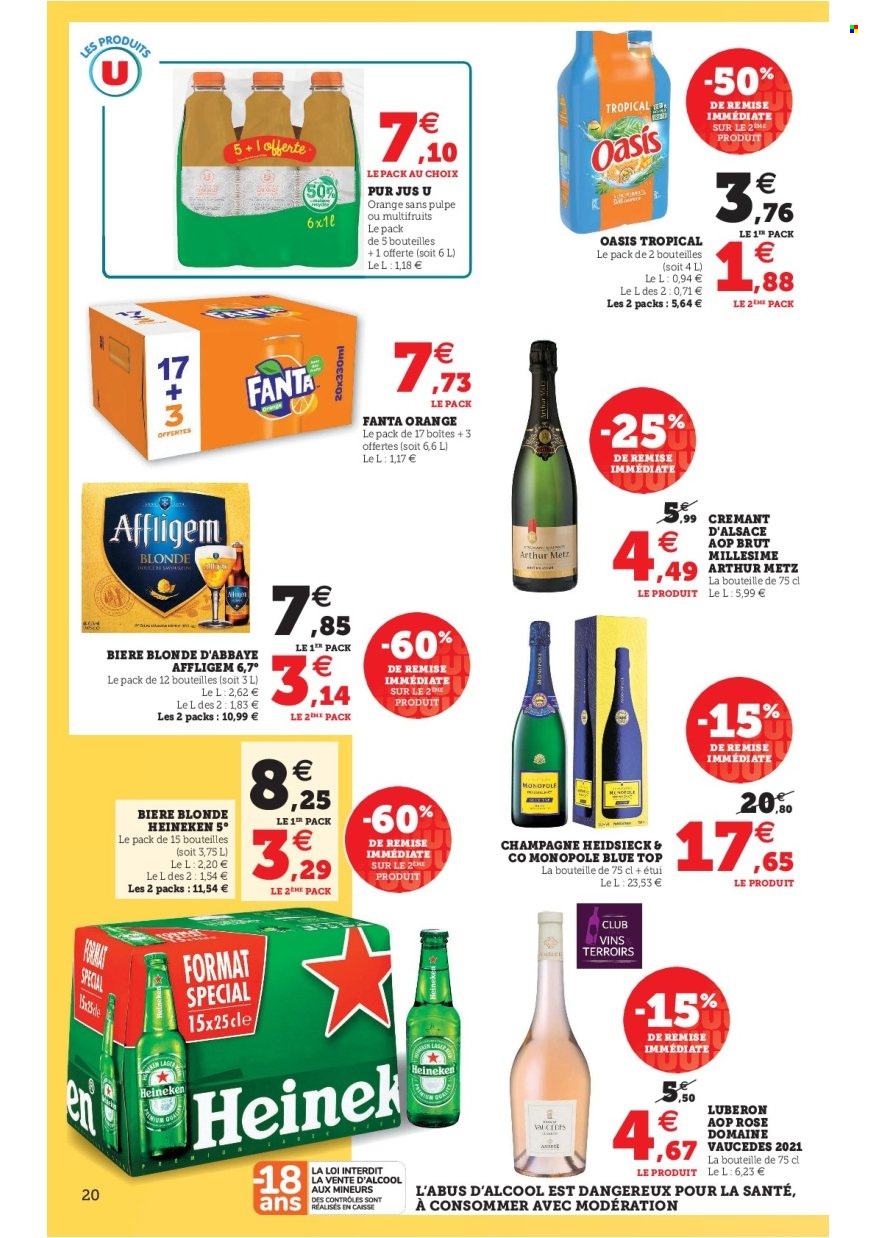 thumbnail - Catalogue SUPER U - 17/05/2022 - 28/05/2022 - Produits soldés - bière, bière blonde, Heineken, Oasis, pur jus, Fanta, Crémant d’Alsace, champagne, vin. Page 20.