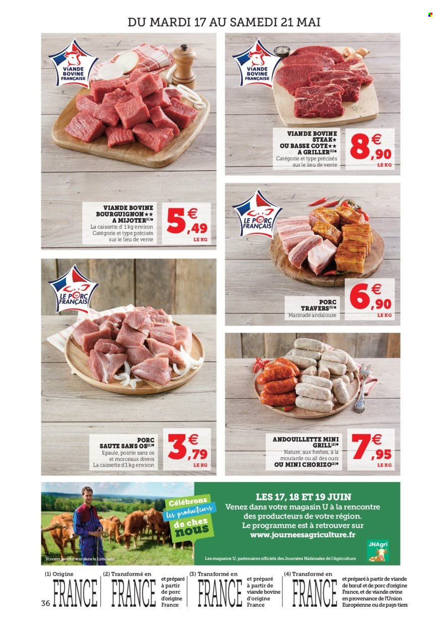 thumbnail - Catalogue SUPER U - 17/05/2022 - 28/05/2022 - Produits soldés - steak, sauté de porc, chorizo, andouillette, grill. Page 36.