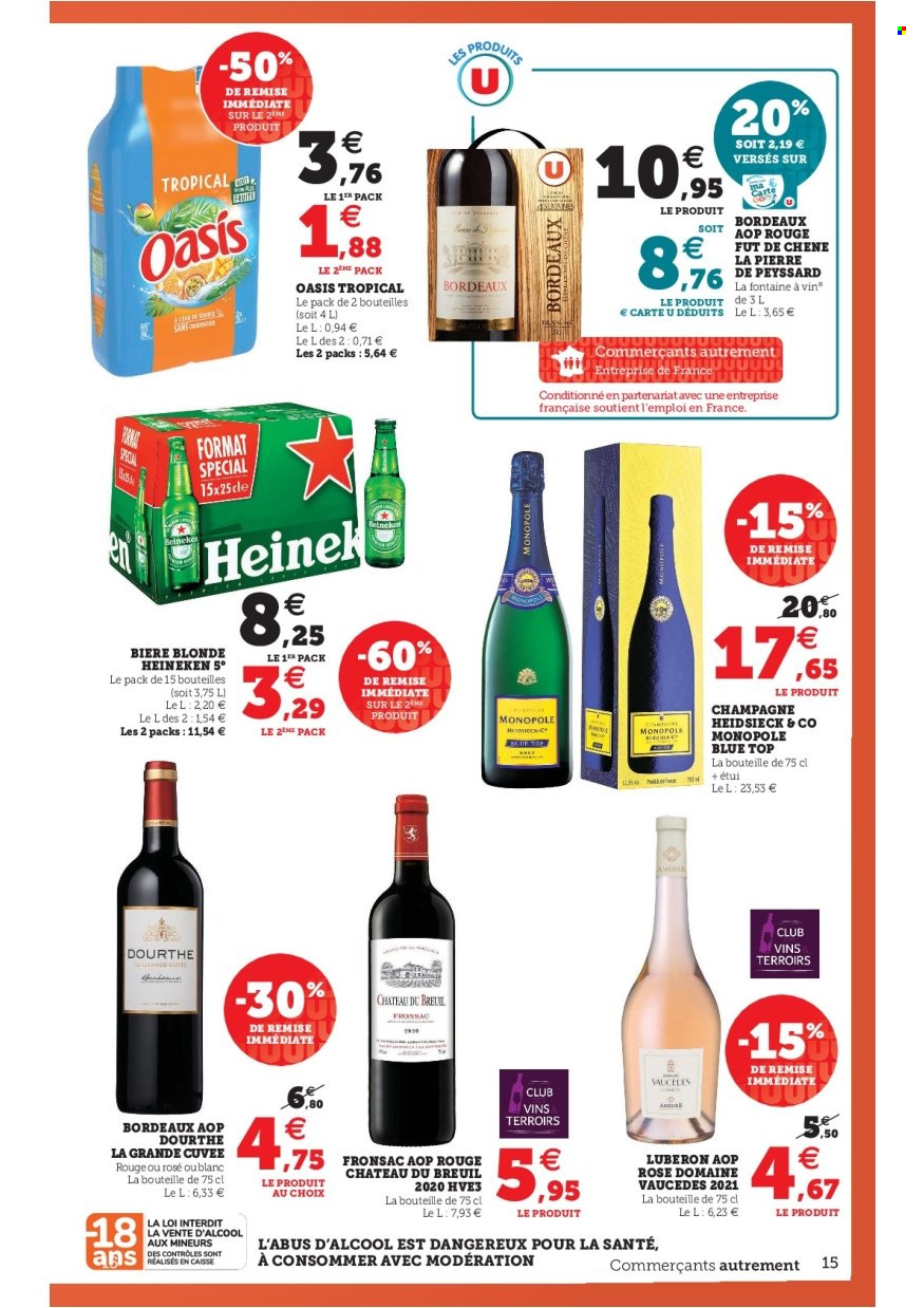 thumbnail - Catalogue U express - 17/05/2022 - 28/05/2022 - Produits soldés - bière, bière blonde, Heineken, Oasis, Bordeaux, champagne. Page 15.
