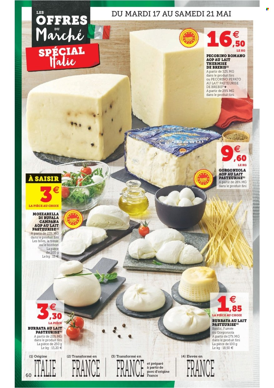 thumbnail - Catalogue HYPER U - 17/05/2022 - 28/05/2022 - Produits soldés - fromage, gorgonzola, mozzarella, burrata, basilic. Page 60.