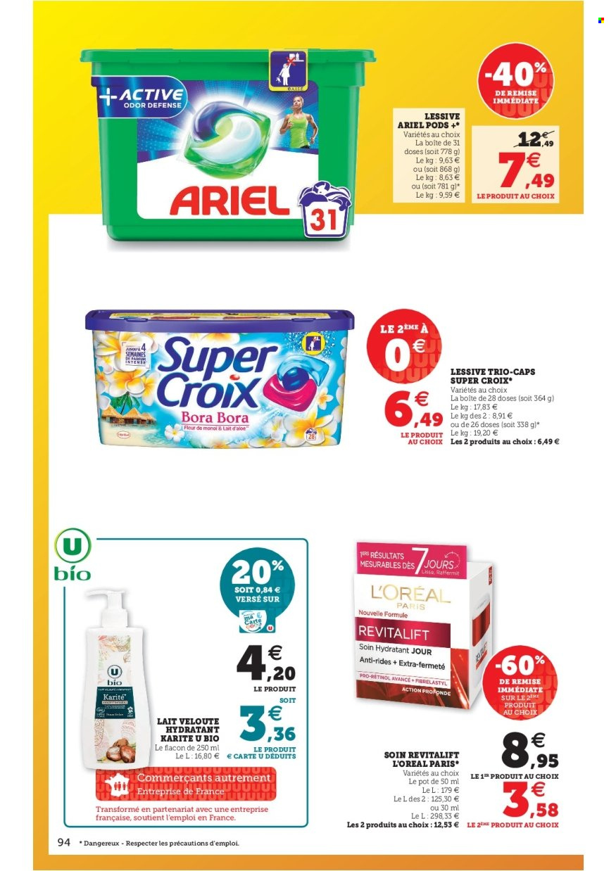 thumbnail - Catalogue HYPER U - 17/05/2022 - 28/05/2022 - Produits soldés - L'Oréal, velouté, lait, Ariel, lessive, tablettes de lavage. Page 94.