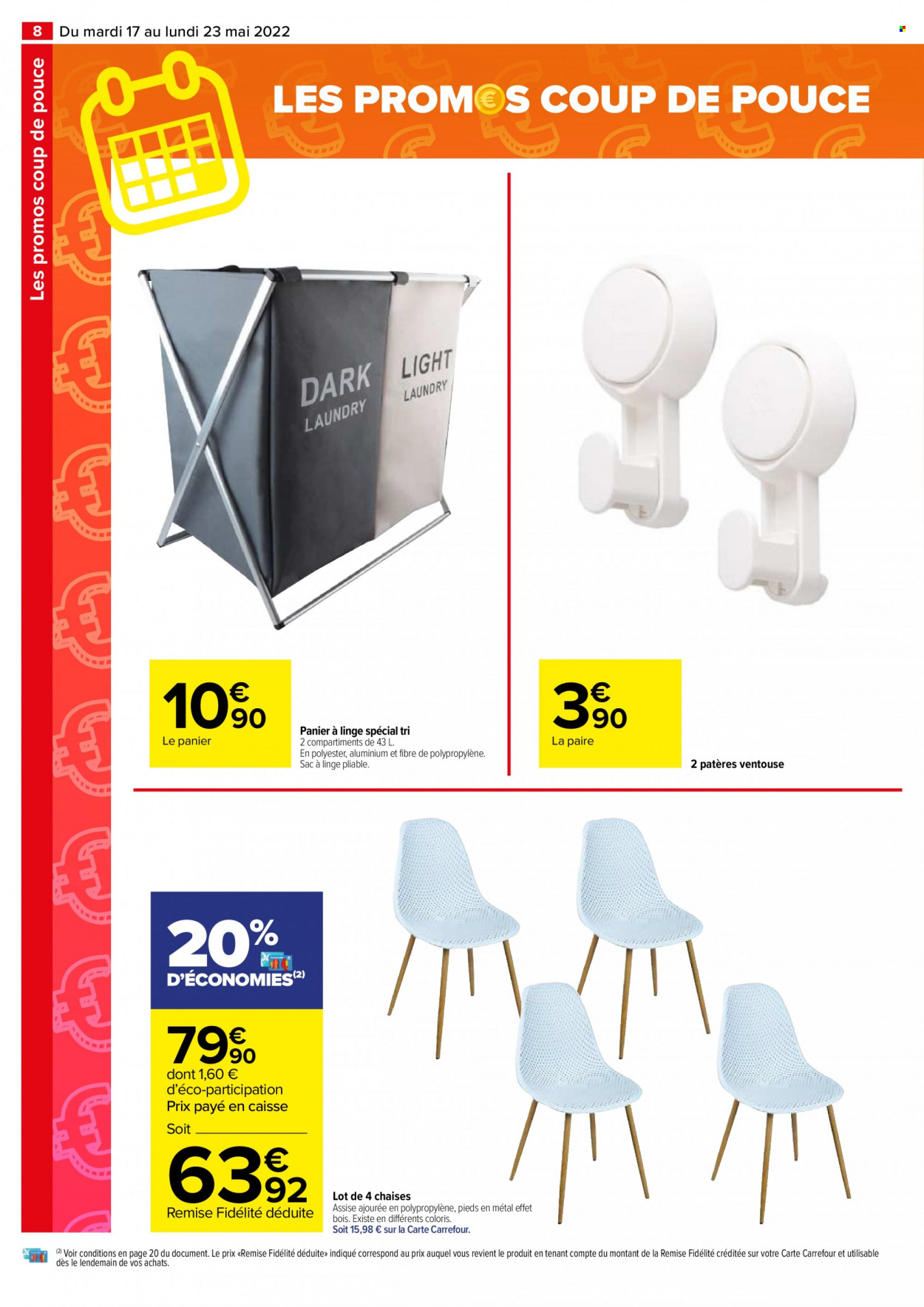 thumbnail - Catalogue Carrefour Hypermarchés - 17/05/2022 - 23/05/2022 - Produits soldés - chaise, sac à linge, corbeille à linge. Page 8.