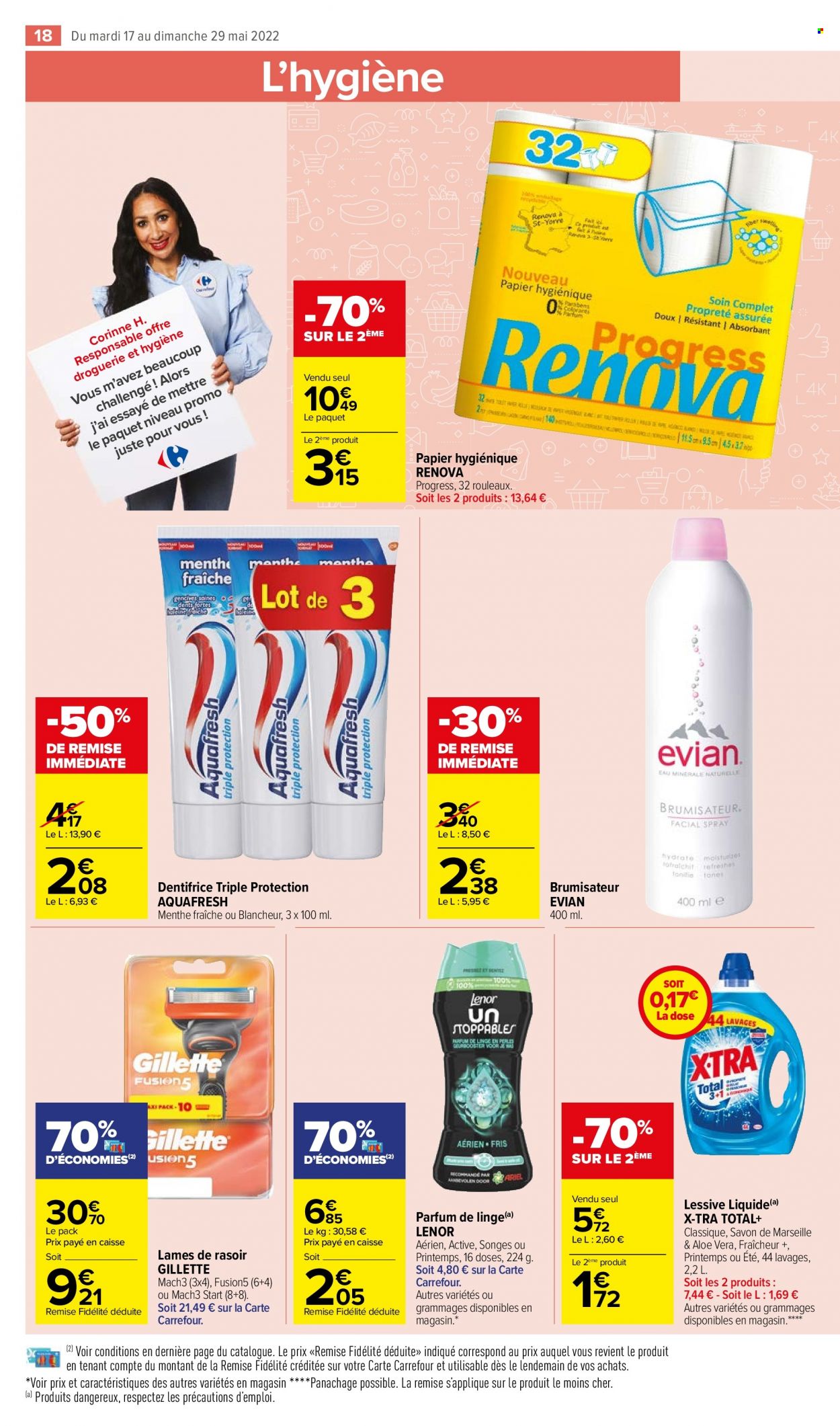 thumbnail - Catalogue Carrefour Market - 17/05/2022 - 29/05/2022 - Produits soldés - menthe, Évian, papier toilette, Lenor, lessive, dentifrice, Gillette, lames de rasoir. Page 20.