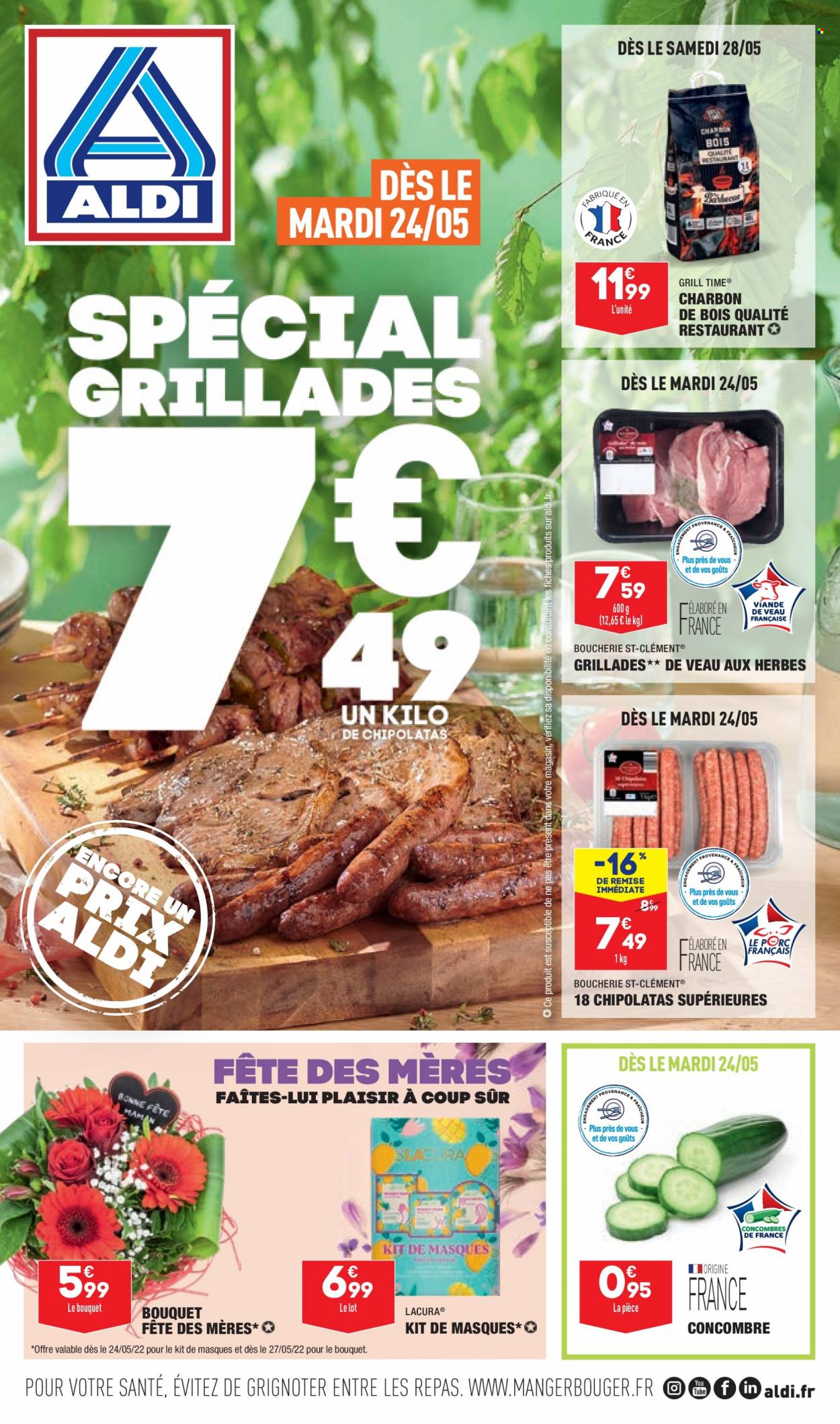 thumbnail - Catalogue ALDI - 24/05/2022 - 30/05/2022 - Produits soldés - concombre, viande de veau, chipolata, grill. Page 1.
