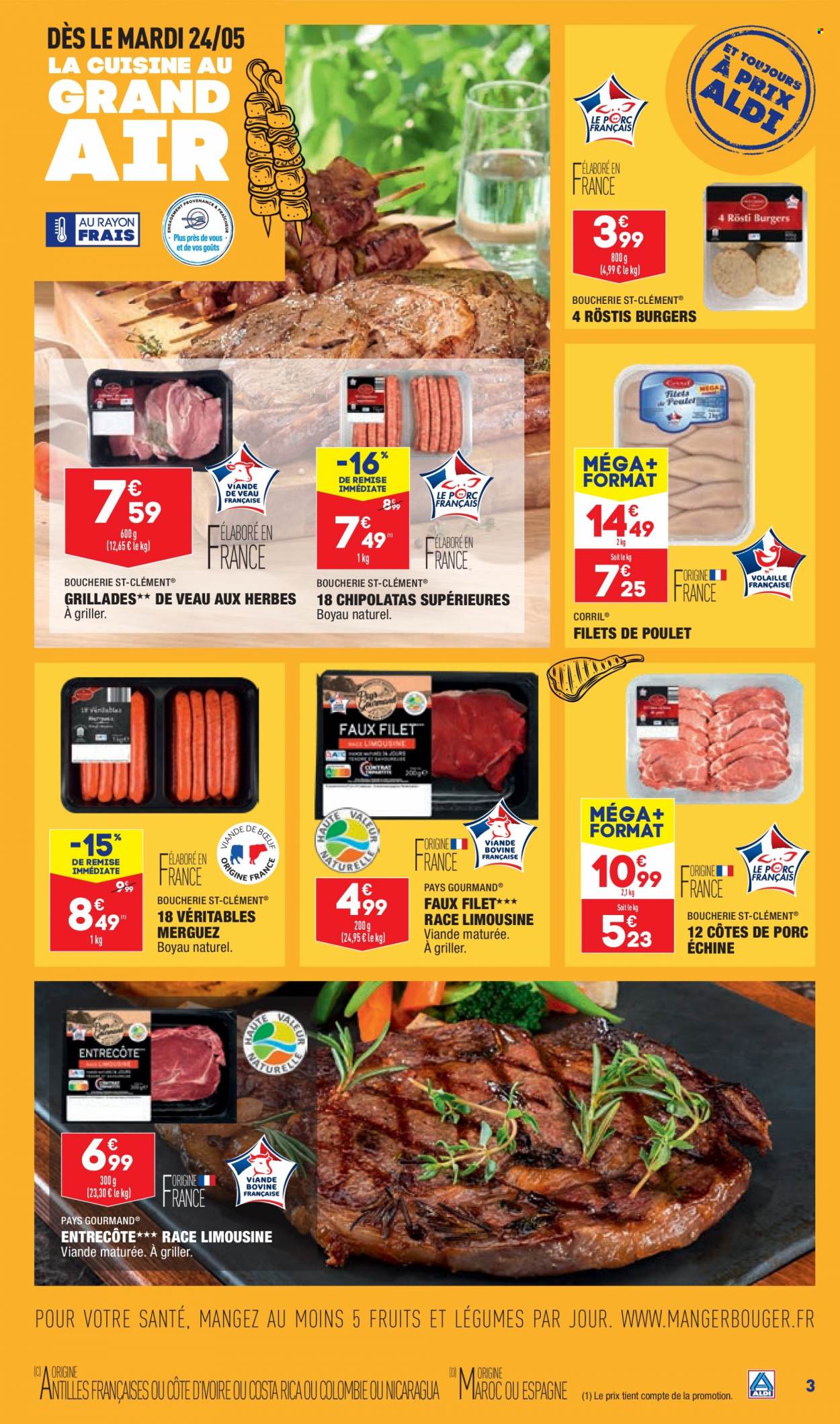 thumbnail - Catalogue ALDI - 24/05/2022 - 30/05/2022 - Produits soldés - côtes de porc, côtes de porc échine, viande de porc, filet de poulet, viande de poulet, viande de veau, entrecôte, merguez, chipolata. Page 5.
