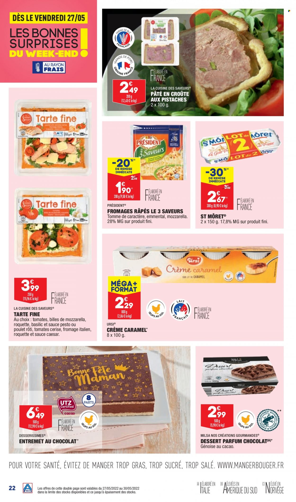 thumbnail - Catalogue ALDI - 24/05/2022 - 30/05/2022 - Produits soldés - roquette, tarte, dessert, pâté en croûte, poulet rôti, emmental, fromage, Président, pesto. Page 24.