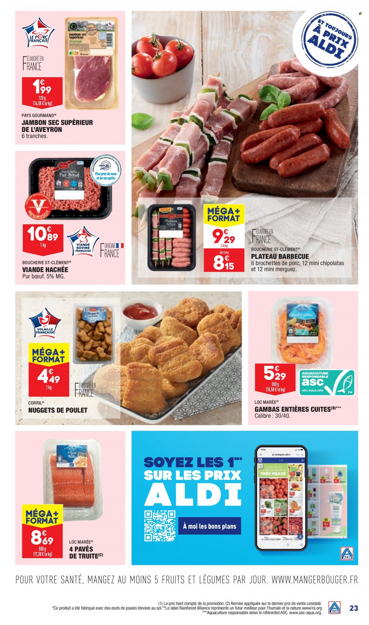 thumbnail - Catalogue ALDI - 24/05/2022 - 30/05/2022 - Produits soldés - brochettes de porc, viande de porc, viande hachée, crevettes, truite, nuggets de poulet, jambon, jambon sec, merguez, chipolata. Page 25.
