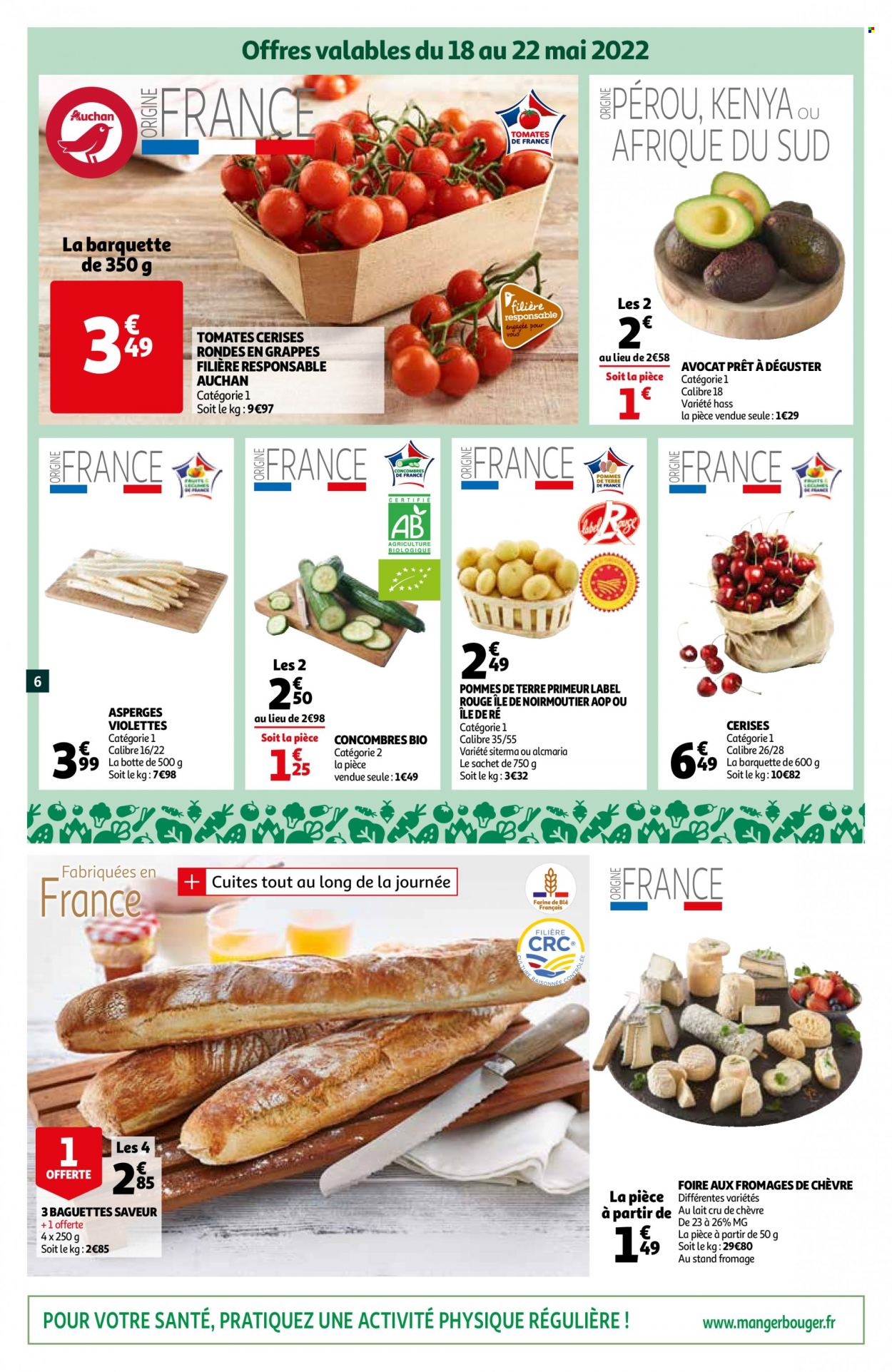 thumbnail - Catalogue Auchan - 18/05/2022 - 24/05/2022 - Produits soldés - avocat, tomates, concombre, pommes de terre, tomates cerises, baguette, fromage. Page 6.