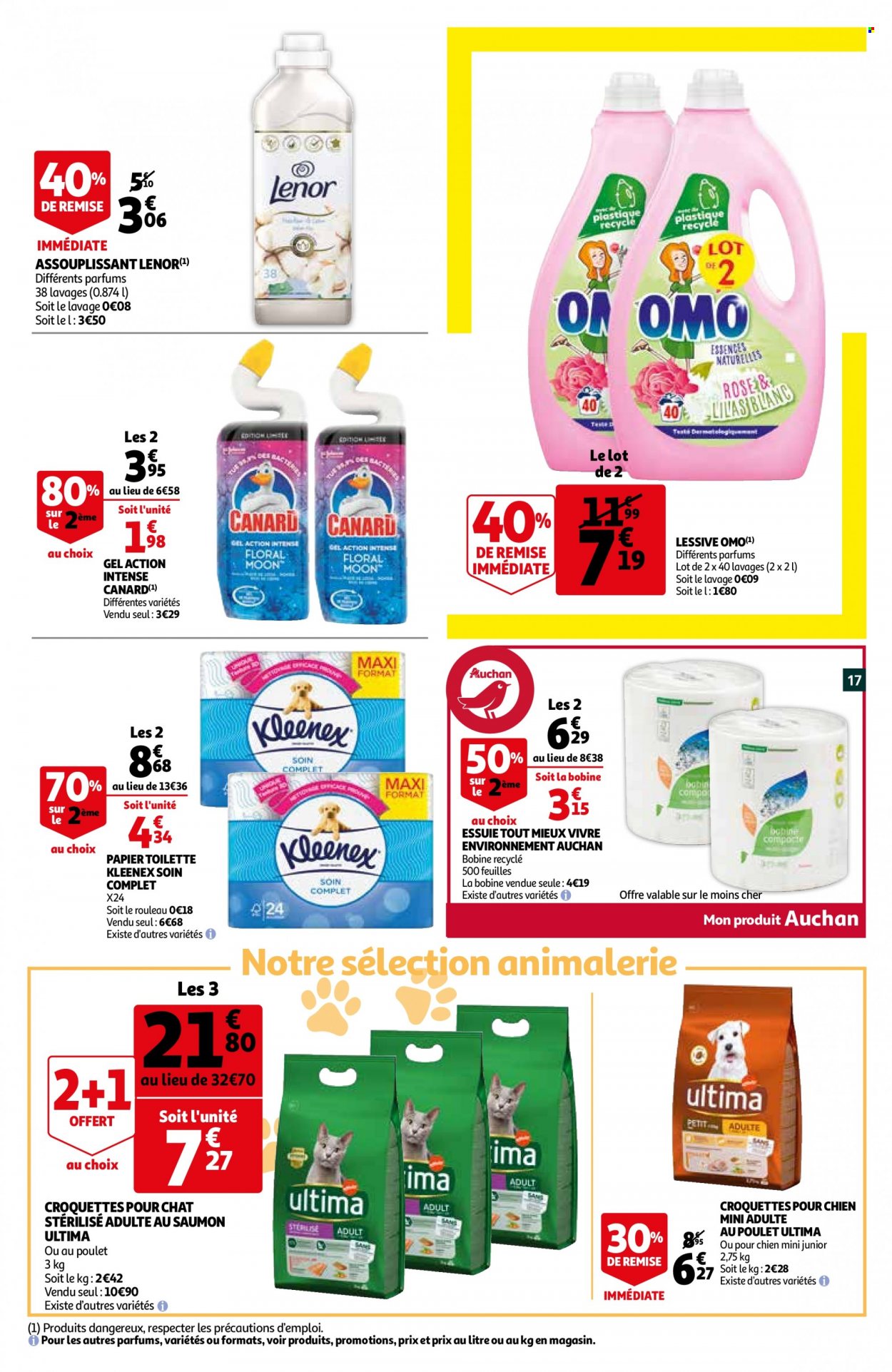 thumbnail - Catalogue Auchan - 18/05/2022 - 24/05/2022 - Produits soldés - viande de canard, papier toilette, assouplissant, Lenor, lessive, OMO, croquettes chat, croquettes chien. Page 17.