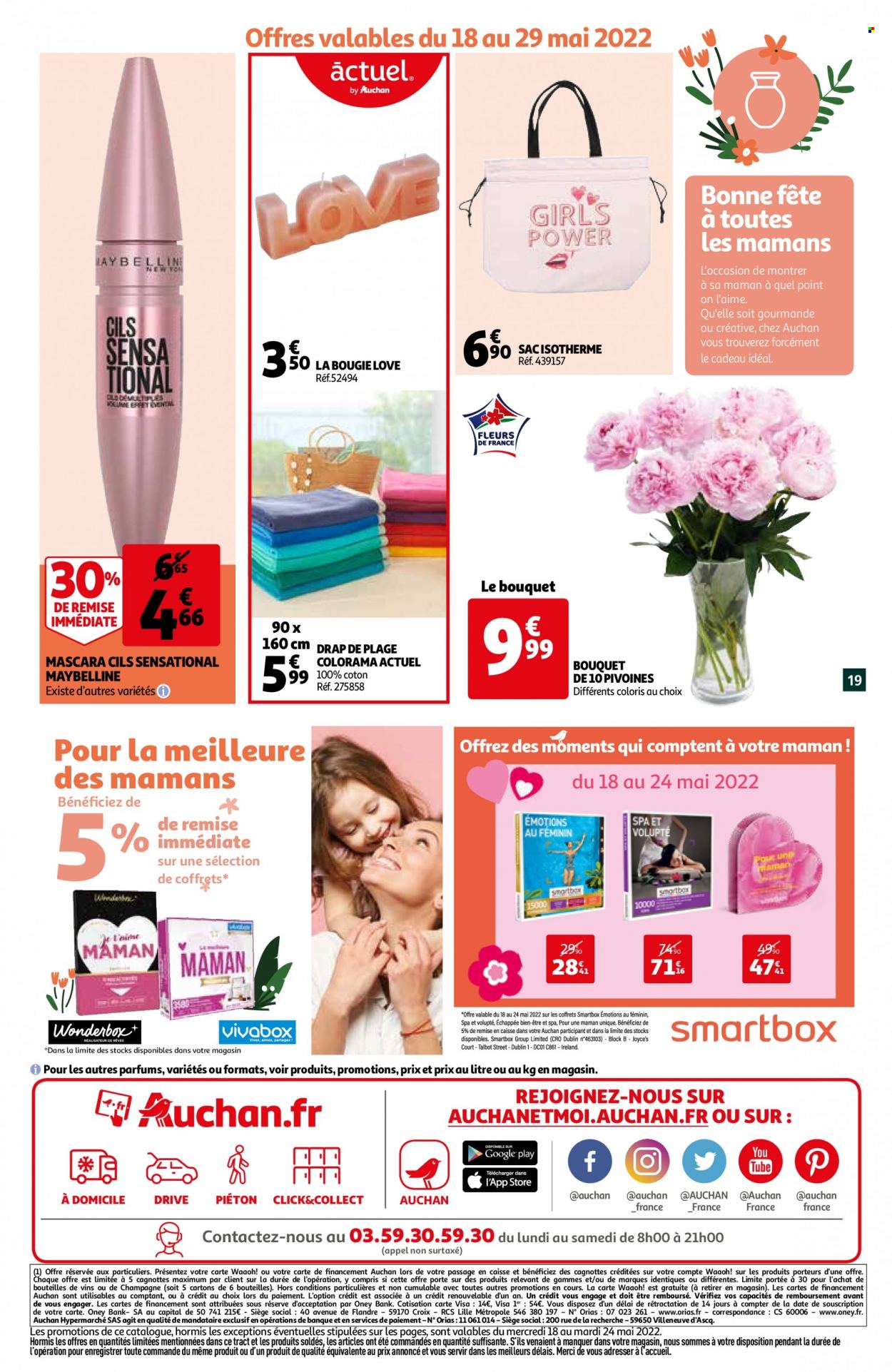 thumbnail - Catalogue Auchan - 18/05/2022 - 24/05/2022 - Produits soldés - Maybelline, mascara, vin, bougie, drap. Page 19.