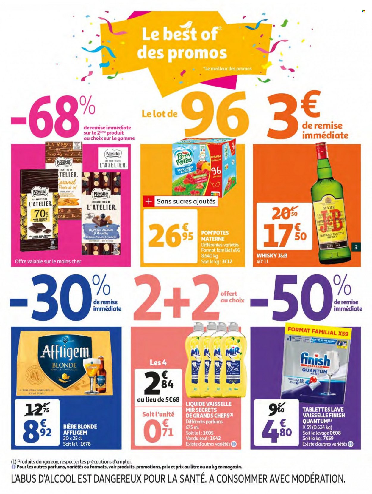 thumbnail - Catalogue Auchan - 18/05/2022 - 24/05/2022 - Produits soldés - bière, bière blonde, Nestlé, amandes, whisky, J&B, Pom'Potes, Mir, Finish, liquide vaisselle, tablettes lave-vaisselle. Page 3.