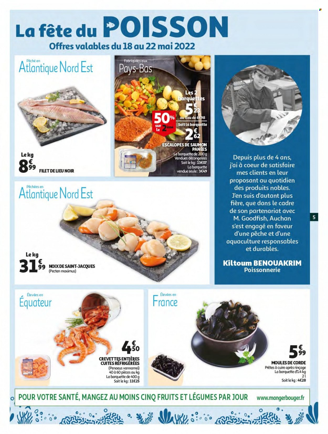 thumbnail - Catalogue Auchan - 18/05/2022 - 24/05/2022 - Produits soldés - escalope, saumon, crevettes, moules, filet de lieu. Page 5.