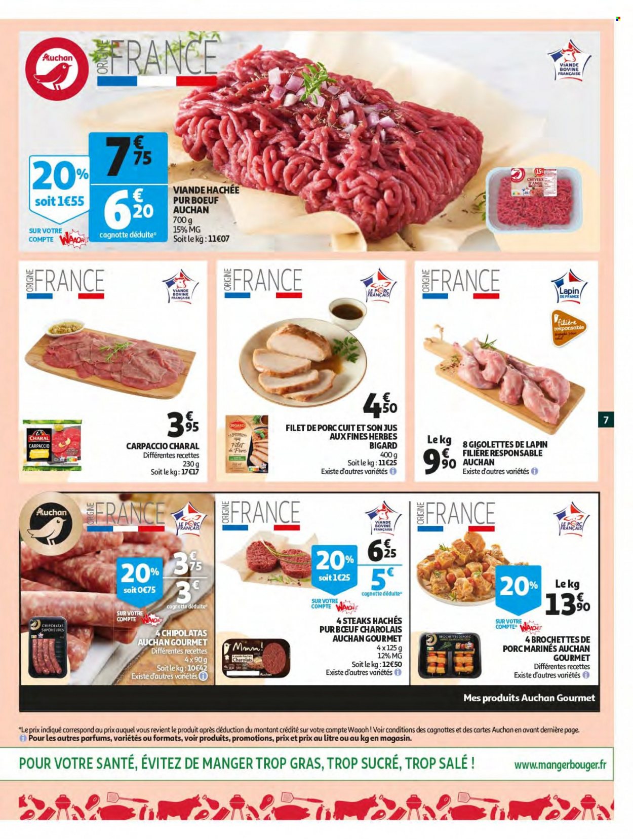 thumbnail - Catalogue Auchan - 18/05/2022 - 24/05/2022 - Produits soldés - carpaccio, steak haché, viande hachée, brochet, chipolata. Page 7.