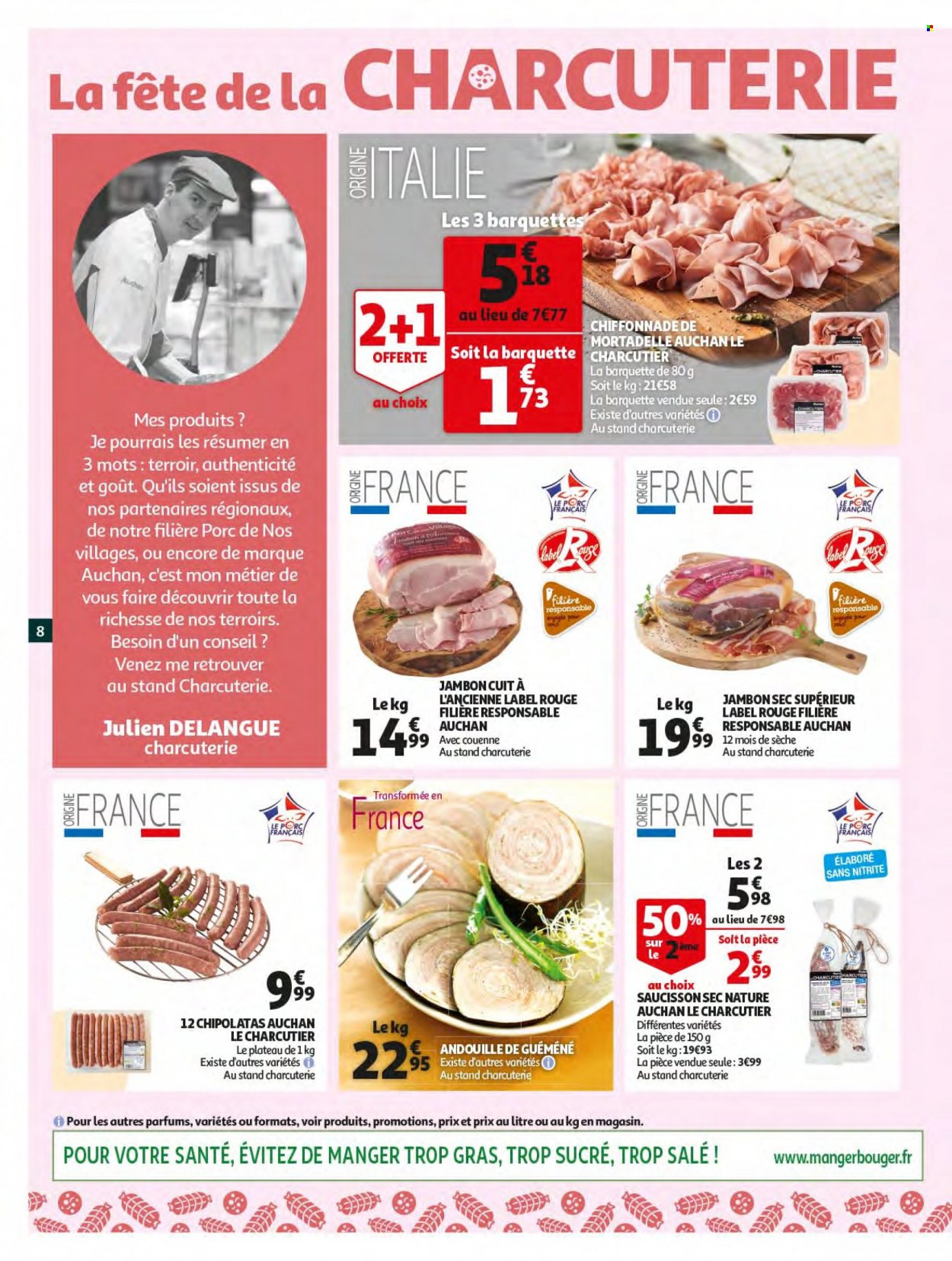 thumbnail - Catalogue Auchan - 18/05/2022 - 24/05/2022 - Produits soldés - jambon, jambon sec, mortadella, andouille, saucisson, chipolata. Page 8.