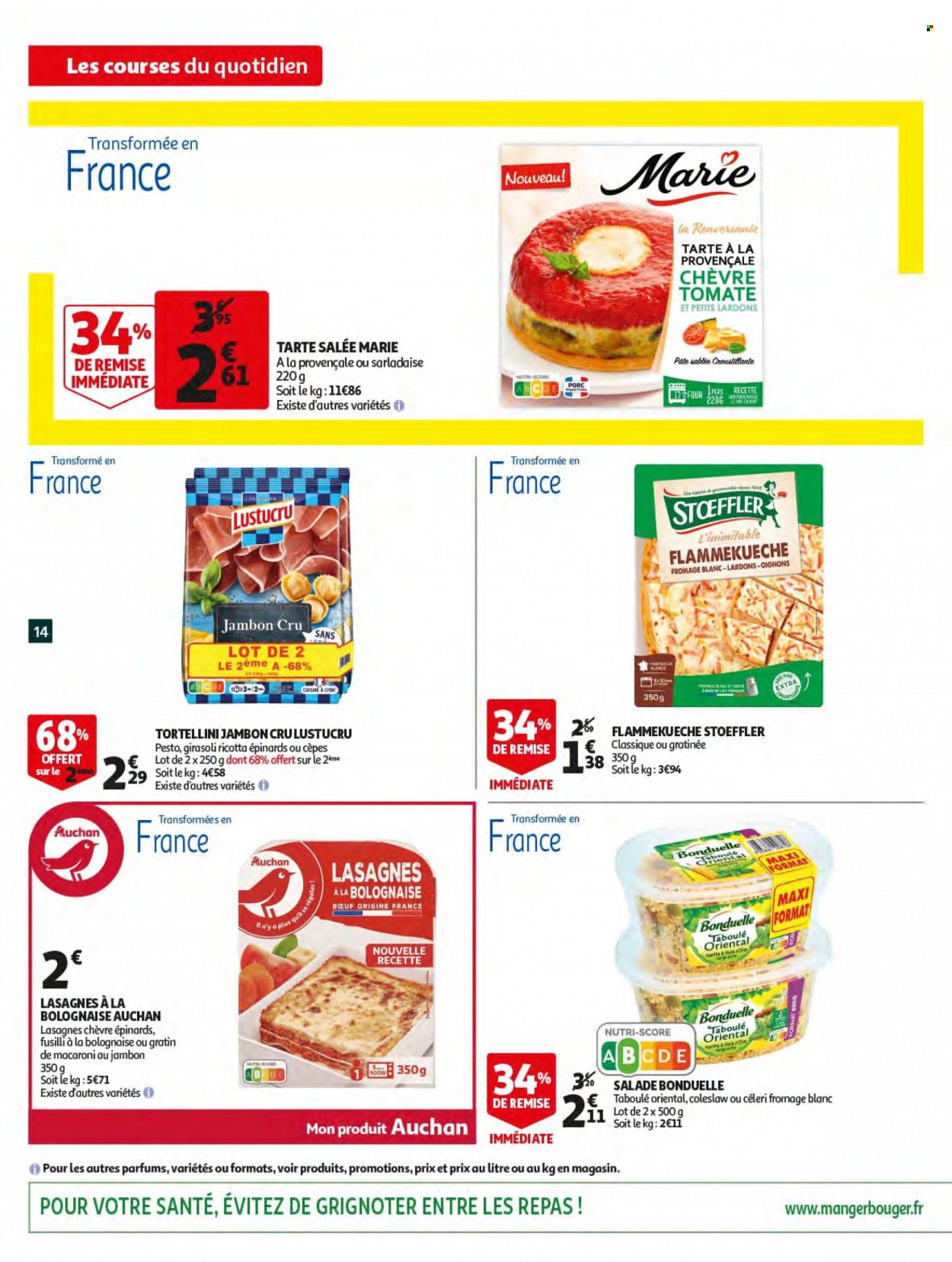 thumbnail - Catalogue Auchan - 18/05/2022 - 24/05/2022 - Produits soldés - salade, céleri, tarte, cèpes, tortellini, lasagnes, girasoli, Stoeffler, Bonduelle, Flammekueche, pâtes, Lustucru, macaroni. Page 14.