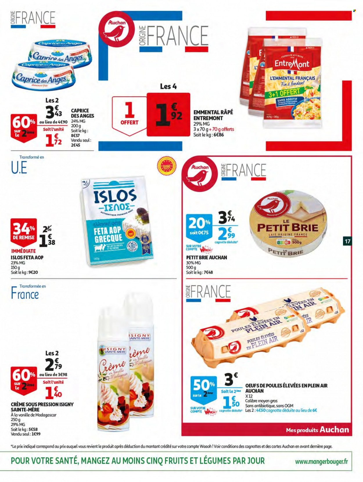 thumbnail - Catalogue Auchan - 18/05/2022 - 24/05/2022 - Produits soldés - Brie, féta, fromage, fromage râpé, lait, œufs. Page 17.