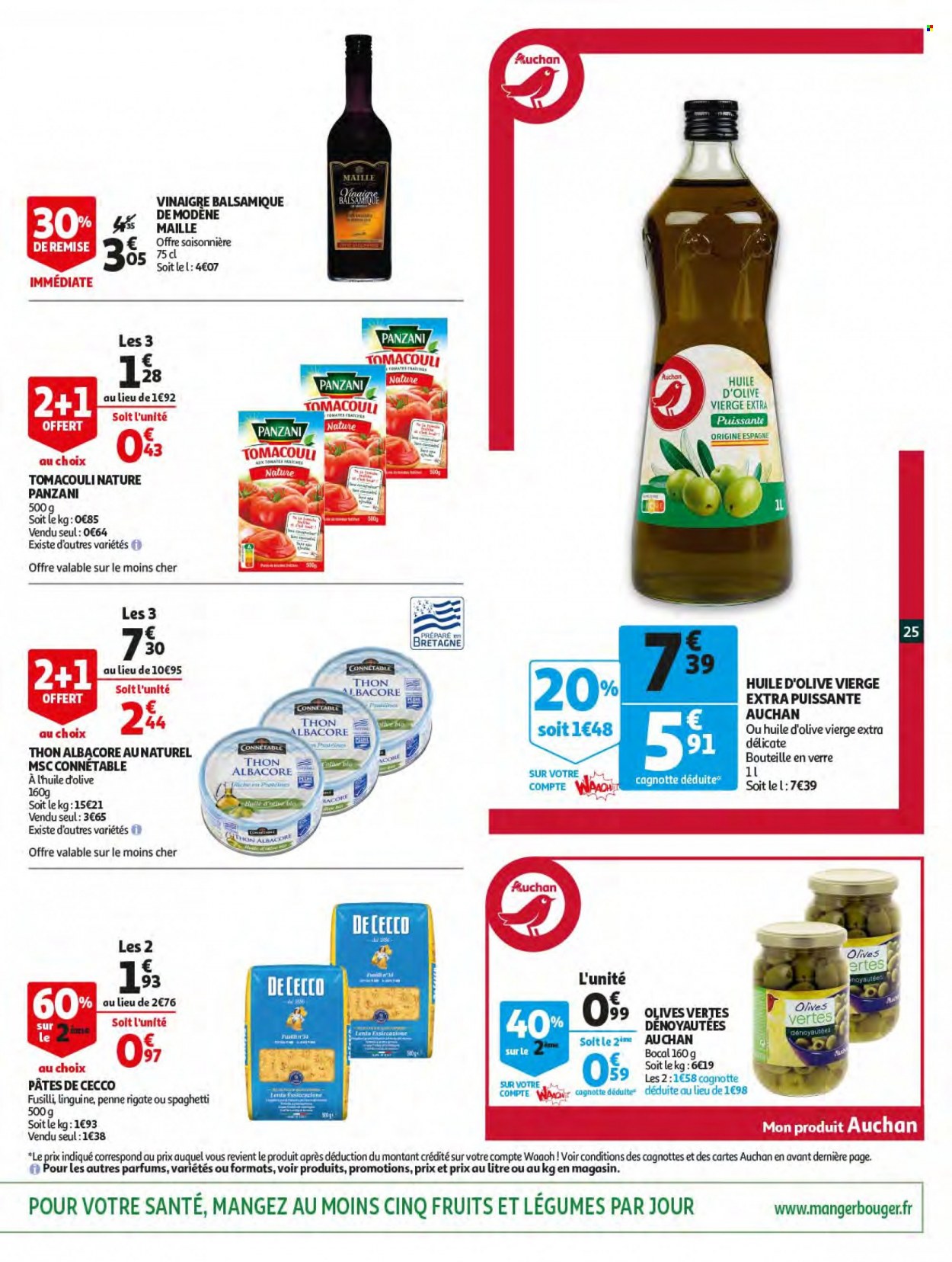 thumbnail - Catalogue Auchan - 18/05/2022 - 24/05/2022 - Produits soldés - tomates, thon, Panzani, olives vertes, pâtes, Maille, huile d'olive vierge extra, vinaigre, huile d'olive, vinaigre balsamique, verre, bocal. Page 25.