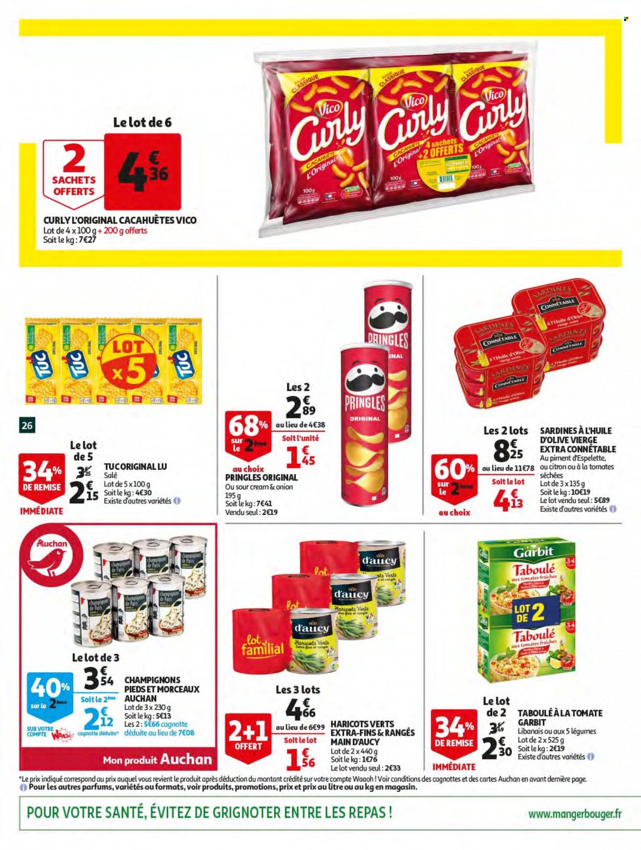 thumbnail - Catalogue Auchan - 18/05/2022 - 24/05/2022 - Produits soldés - champignon, sardines, haricots, cacahuètes, LU, chips, Vico, Pringles, tomates séchées, huile d'olive vierge extra, huile d'olive. Page 26.