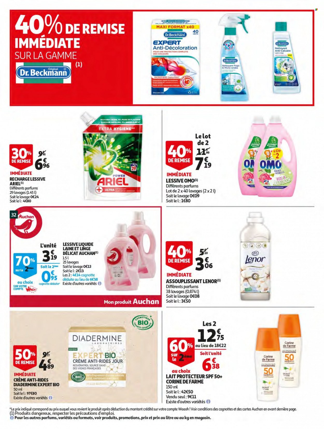 thumbnail - Catalogue Auchan - 18/05/2022 - 24/05/2022 - Produits soldés - lait, Ariel, assouplissant, Lenor, lessive, OMO, Diadermine, four à micro-ondes. Page 32.