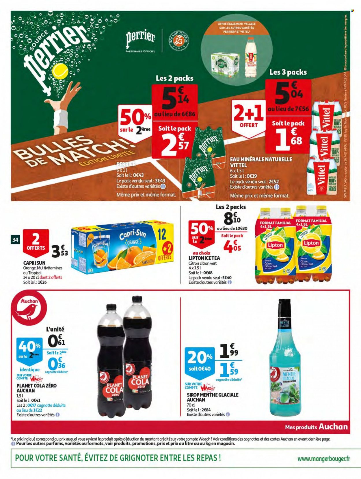 thumbnail - Catalogue Auchan - 18/05/2022 - 24/05/2022 - Produits soldés - sirop, Coca-Cola, Lipton, eau minérale, eau minérale naturelle, Vittel, Perrier. Page 34.
