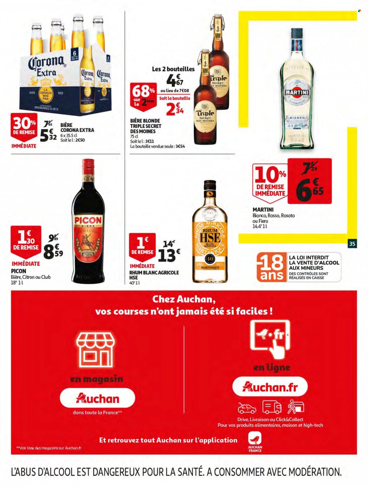thumbnail - Catalogue Auchan - 18/05/2022 - 24/05/2022 - Produits soldés - bière, bière blonde, Corona Extra, Martini, rhum, maison. Page 35.