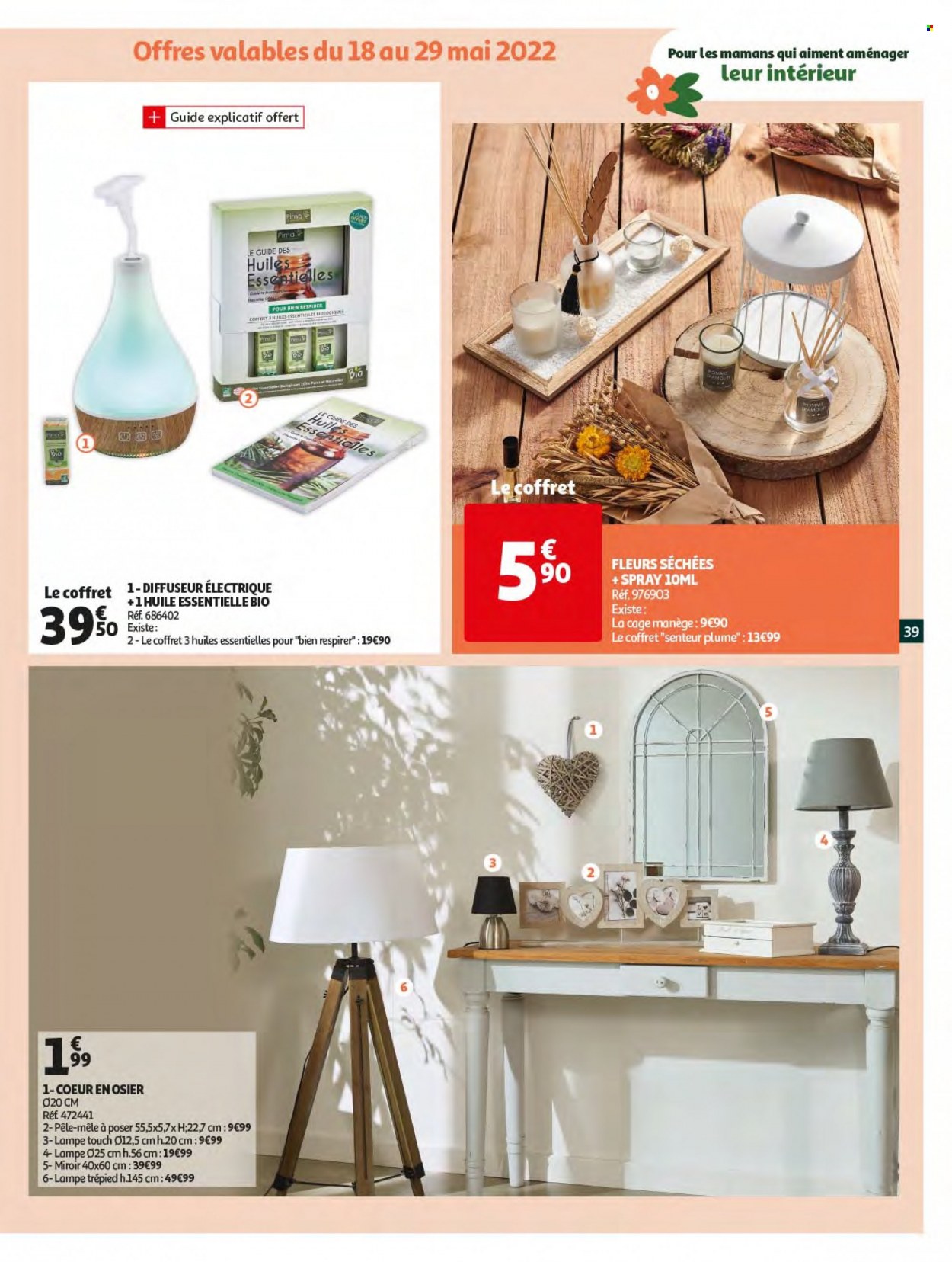 thumbnail - Catalogue Auchan - 18/05/2022 - 24/05/2022 - Produits soldés - diffuseur, miroir, pêle-mêle, lampe, fleur. Page 39.