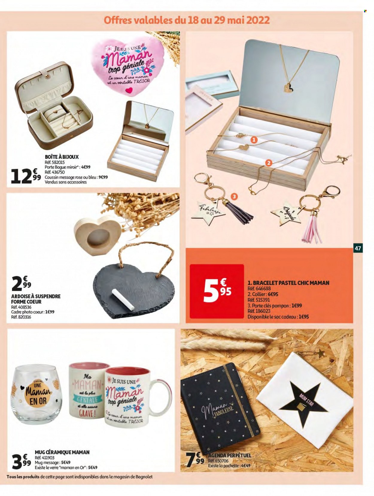 thumbnail - Catalogue Auchan - 18/05/2022 - 24/05/2022 - Produits soldés - mug, verre, coussin, cadre photo, sac à main, bague, bijouterie, bracelet, UNO. Page 47.