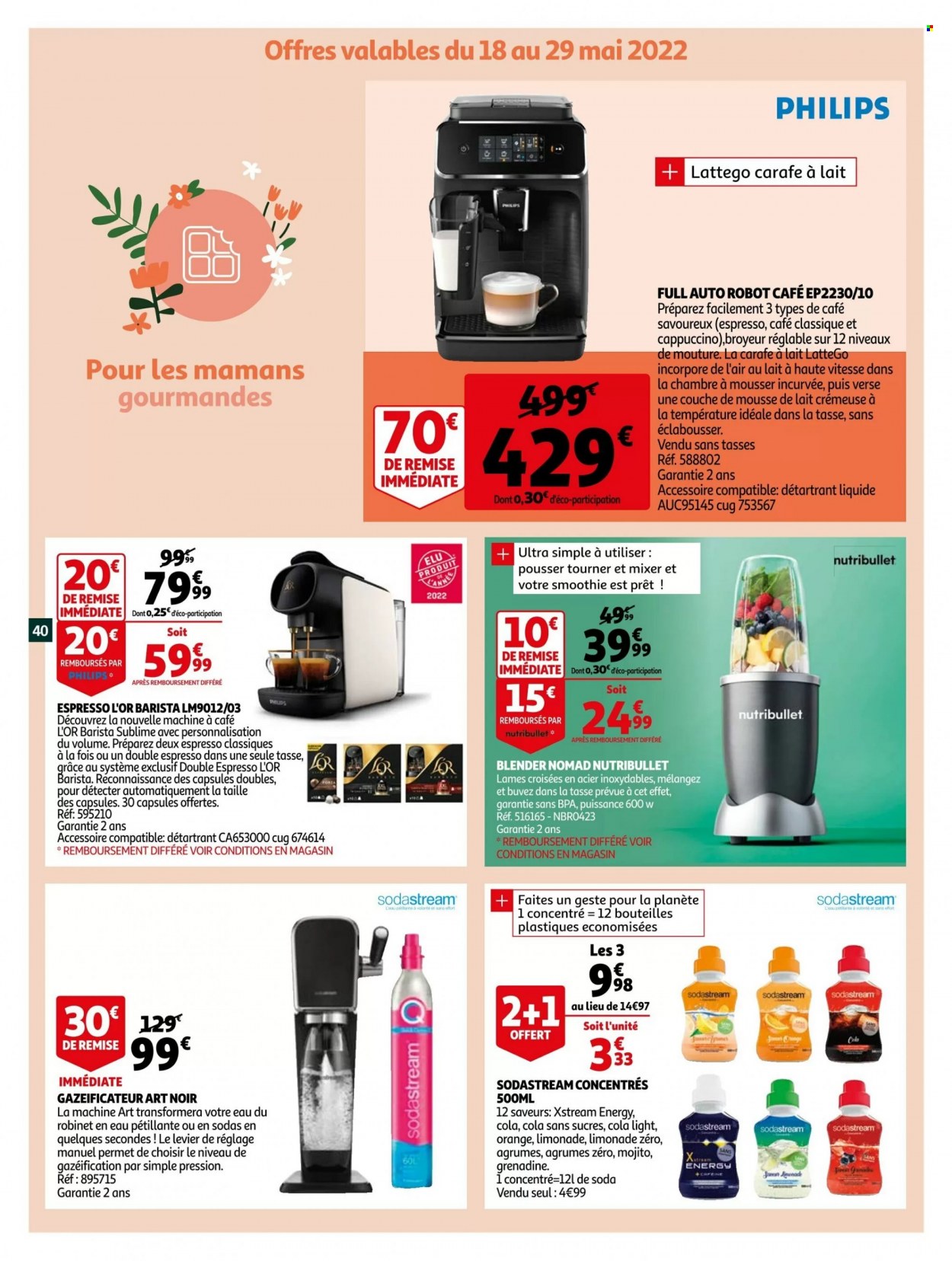 thumbnail - Catalogue Auchan - 18/05/2022 - 24/05/2022 - Produits soldés - Philips, Coca-Cola, limonade, smoothie, SodaStream, carafe, machine à café, robot café, blender. Page 40.