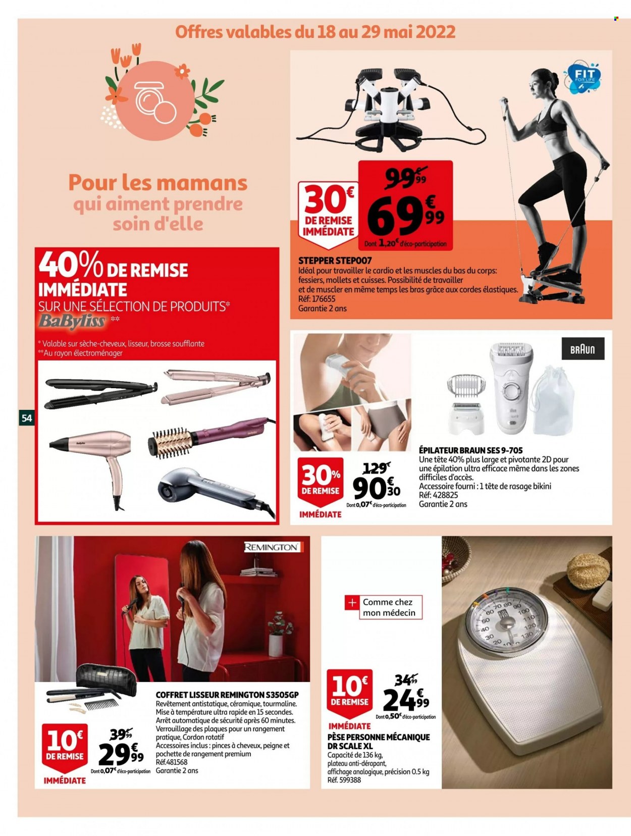 thumbnail - Catalogue Auchan - 18/05/2022 - 24/05/2022 - Produits soldés - Babyliss, brosse, coffret, Braun, Remington, épilateur, fer à cheveux, sèche-cheveux, pochette. Page 54.