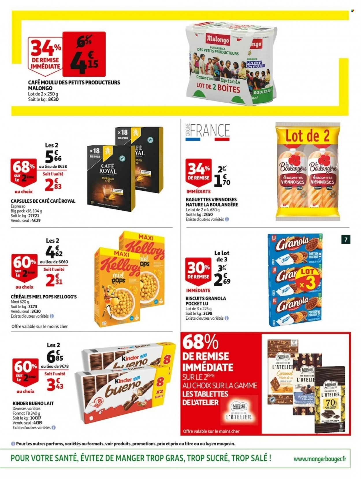 thumbnail - Catalogue Auchan - 18/05/2022 - 24/05/2022 - Produits soldés - baguette, Nestlé, lait, biscuits, granola, Kellogg's, Kinder, Kinder Bueno, LU, céréales, miel, café moulu, café capsules. Page 7.