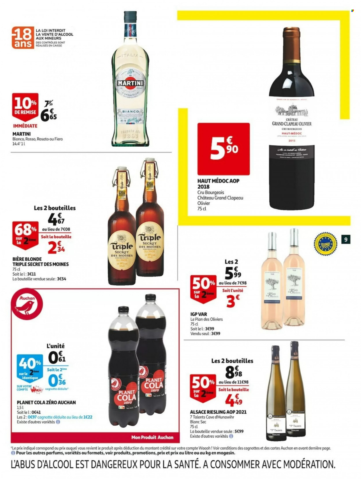 thumbnail - Catalogue Auchan - 18/05/2022 - 24/05/2022 - Produits soldés - bière, bière blonde, Coca-Cola, vin blanc, Riesling, Martini, olivier. Page 9.