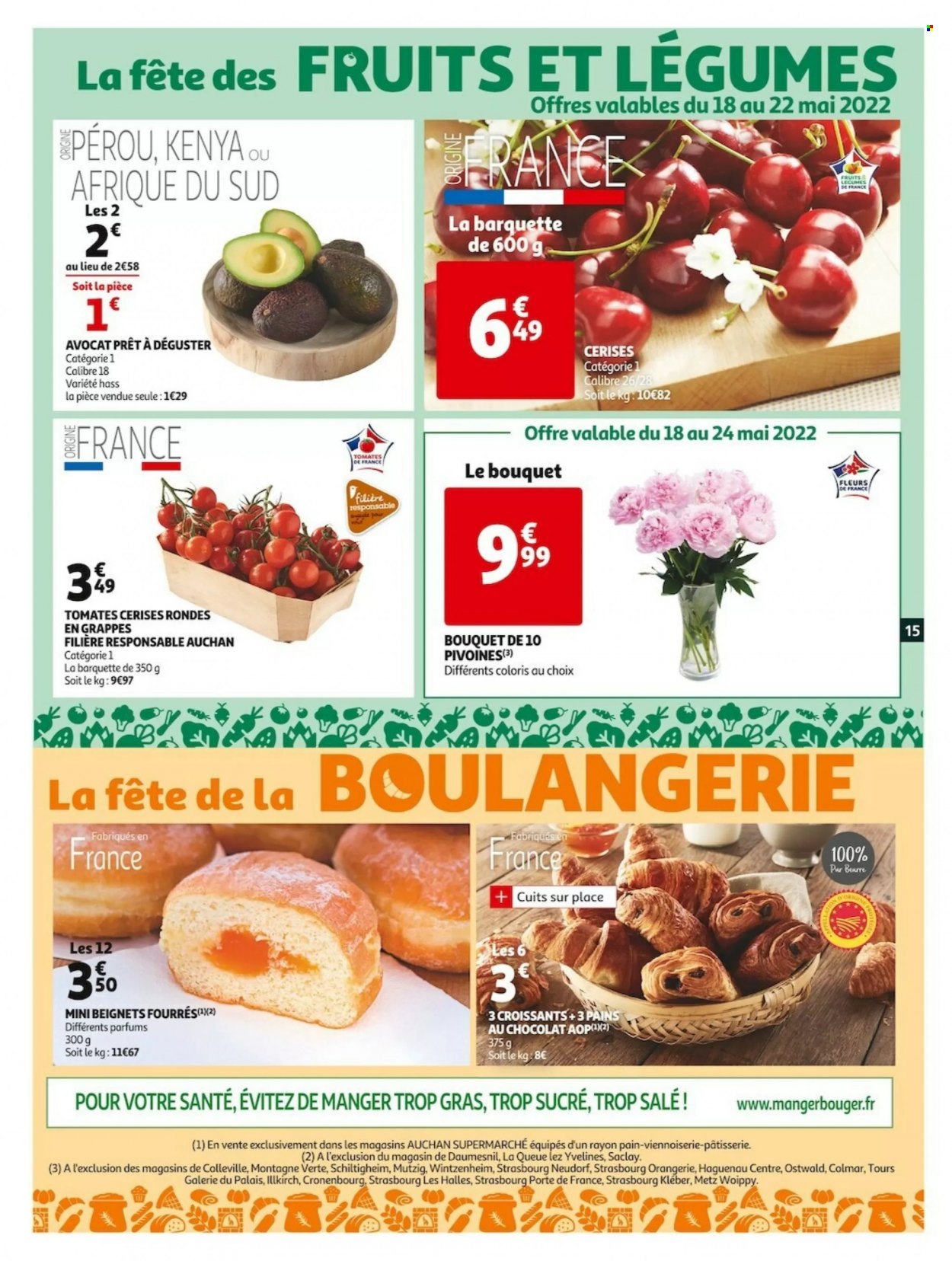 thumbnail - Catalogue Auchan - 18/05/2022 - 24/05/2022 - Produits soldés - avocat, tomates, tomates cerises, croissant, pain, beignets, pain au chocolat. Page 15.