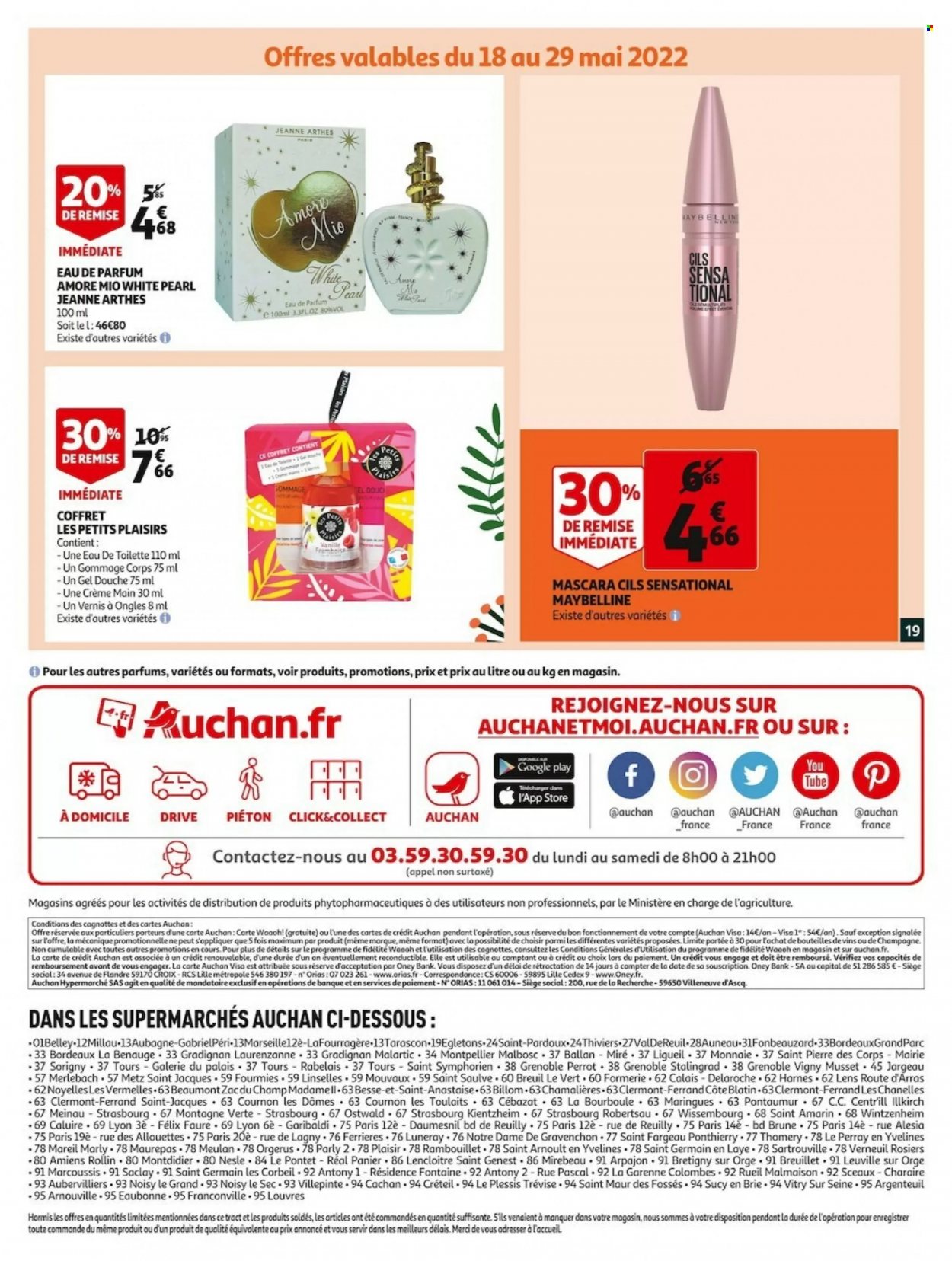 thumbnail - Catalogue Auchan - 18/05/2022 - 24/05/2022 - Produits soldés - Maybelline, mascara, Bordeaux, vin rouge, vin, Amer, gel douche, eau de parfum, eau de toilette, vernis à ongles, coffret, Felix. Page 19.