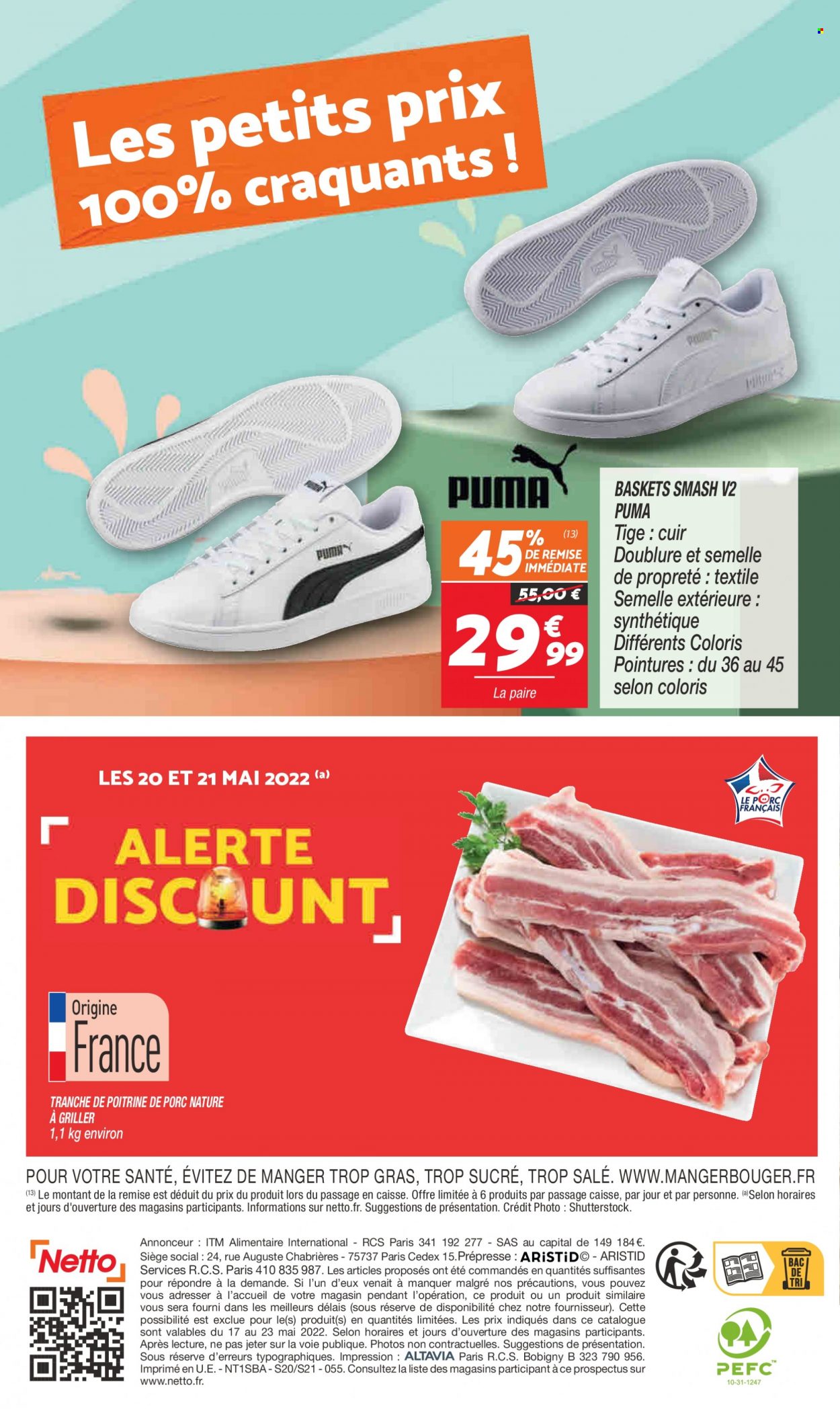 thumbnail - Catalogue Netto - 17/05/2022 - 23/05/2022 - Produits soldés - poitrine de porc, viande de porc, Puma, basket. Page 14.