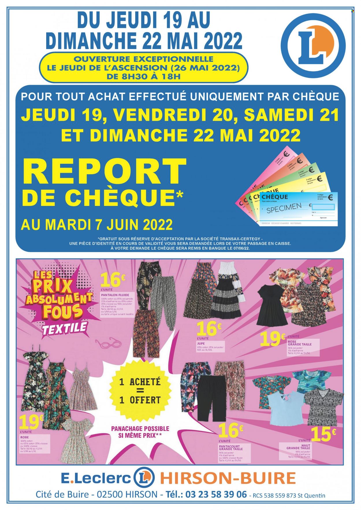 thumbnail - Catalogue E.Leclerc - 19/05/2022 - 22/05/2022 - Produits soldés - pantalon, pantacourt, jupe, robe. Page 1.